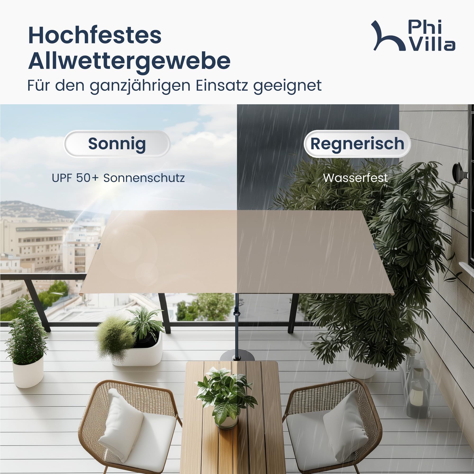 PHI VILLA 180x130cm 360°Drehbar Sonnenschirm mit Hülle & klemme, Aluminium Balkonschirm Höhenverstellbar Windfest Stabil zum Mitnehmen, UV50+ Schutz für Balkon Terrasse Balkongeländer Tisch