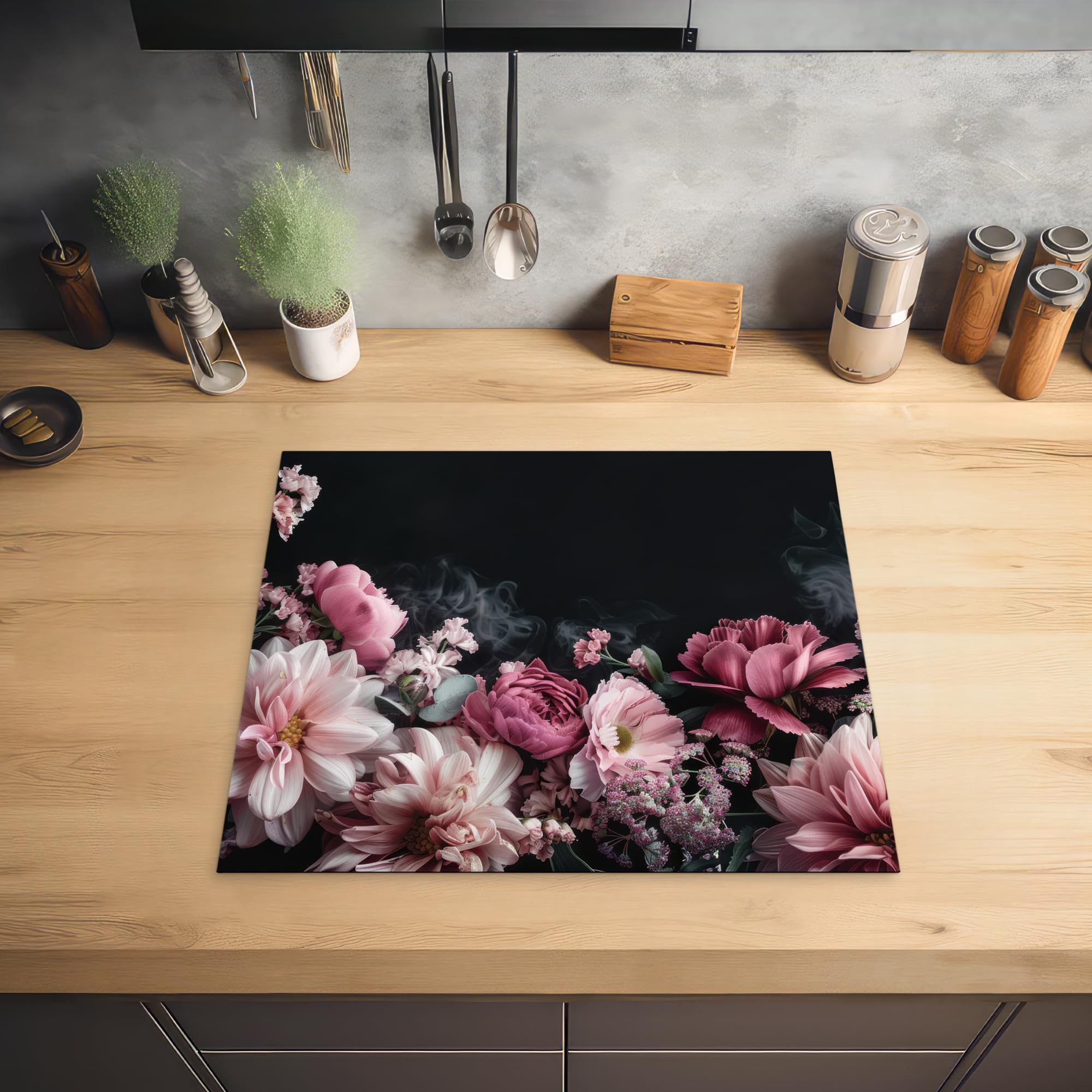 KitchenYeah© Copri Piano Cottura 60x52 cm Coprifornelli Tappetino per Induzione Fornello Tutto per la Cucina Fiori - Rosa - Natura - Nero