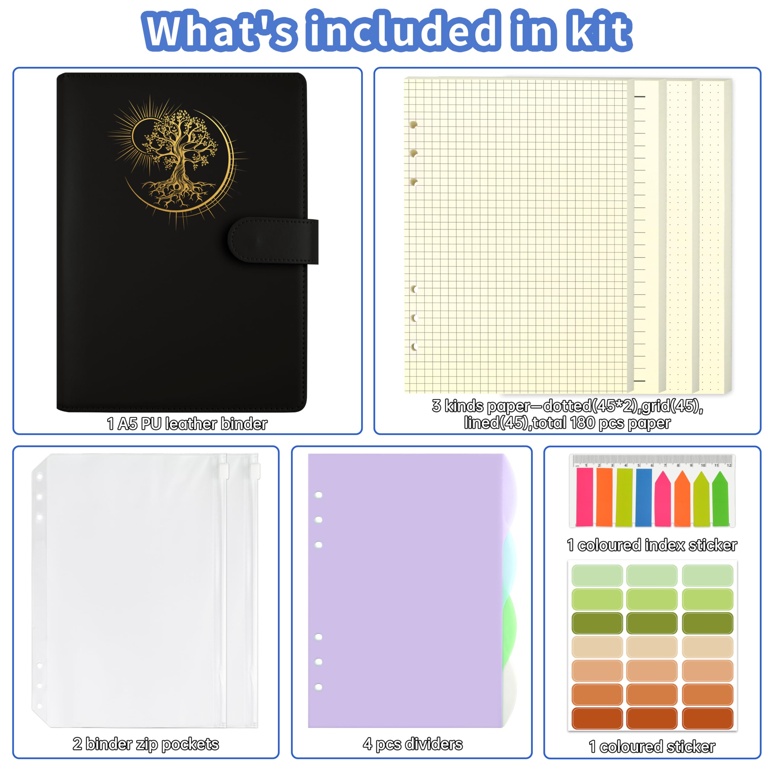 Qefuna A5 Refillable Ring binder Notebook,with 180 Sheets Refill Paper, PU Cover with Foil Embossed Sun Tree of Life Pattern - Image 3