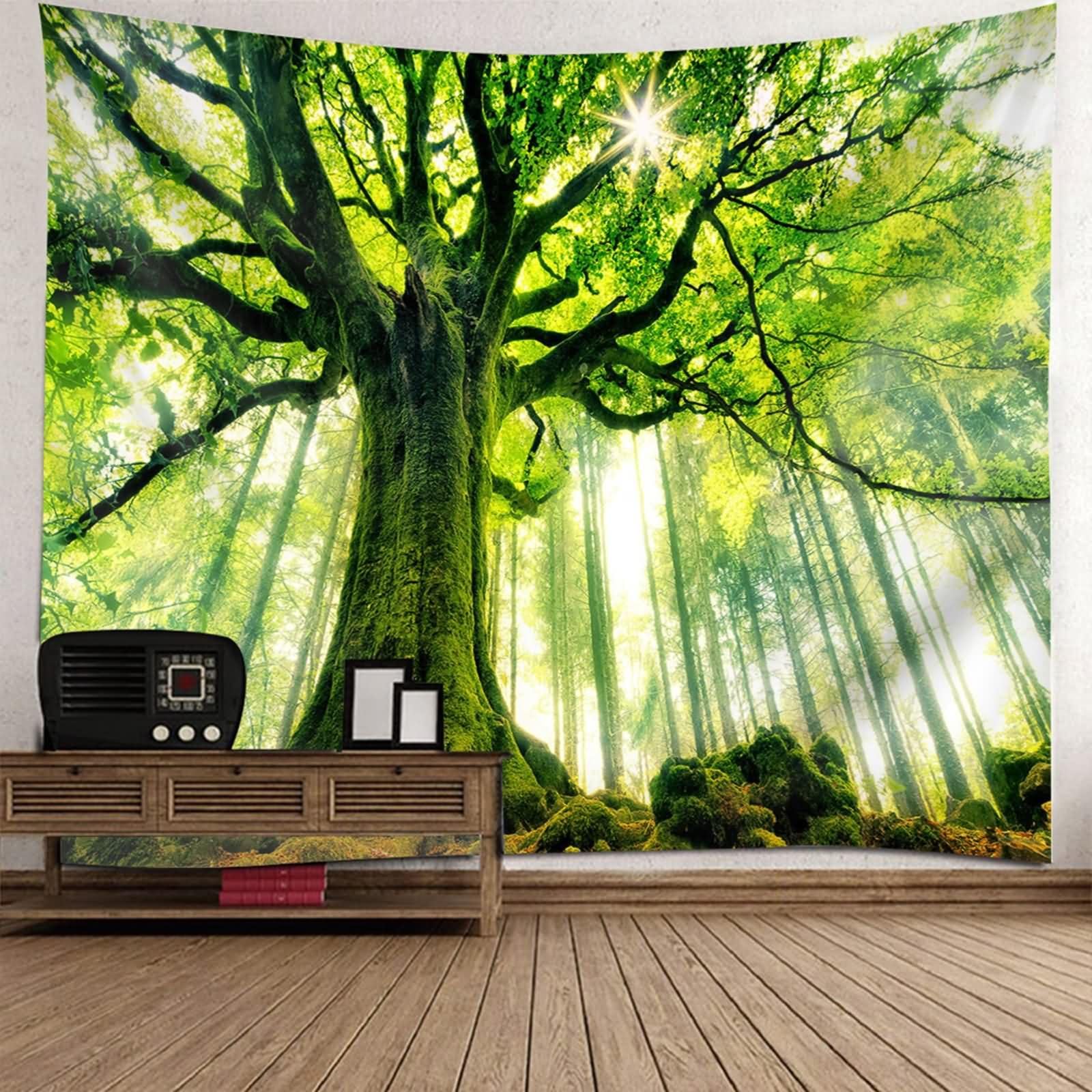 Homxi Tappeti Parete Camera Letto 260 x 240 CM,Alberi e Paesaggio Soleggiato Arazzi da Parete Moderni Poliestere Verde