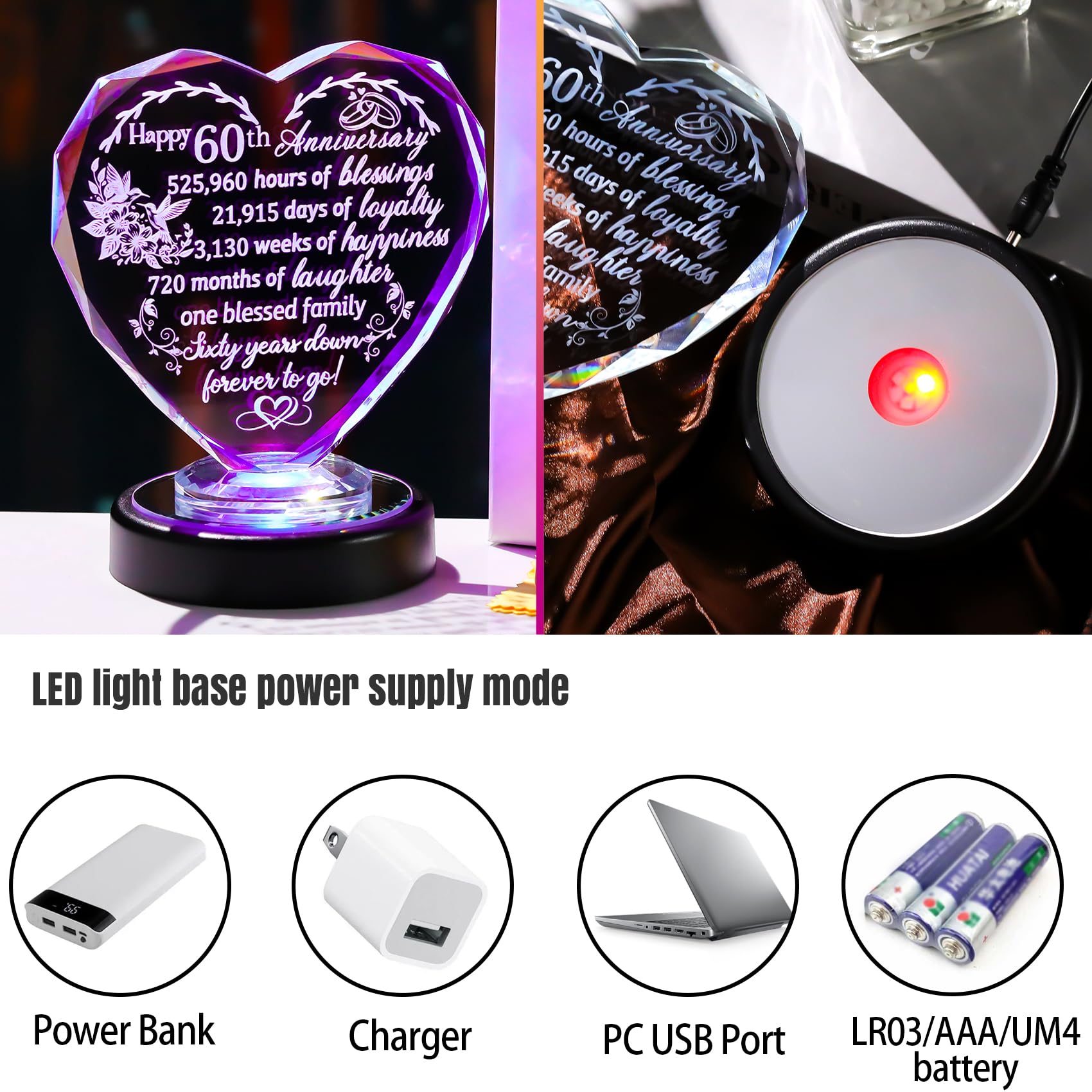 60th Wedding Anniversary Heart Love Gifts for Wife Parents Happy 60th Glass Heart Keepsake with LED Base Ornaments 60 Years Anniversary Wedding Presents for Women Friends Couples - Image 2