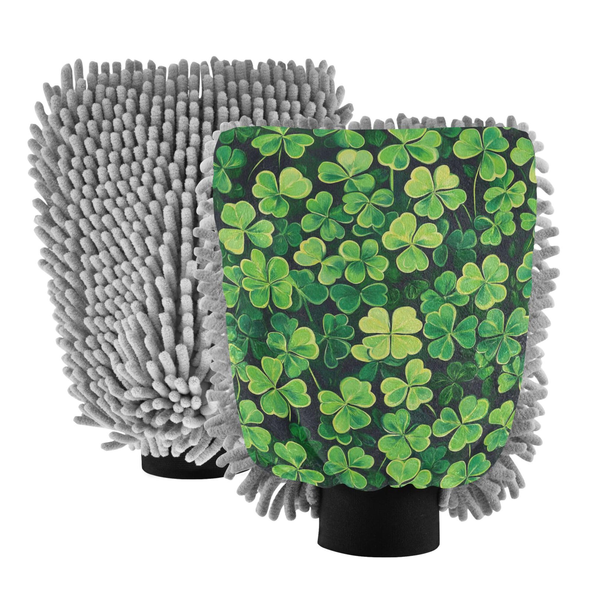 St.Patrick Green Shamrocks Hand Mitt Car Wash Glove 2 Pack Car Washing Glove Scratch-Free Detailing Gloves for Wash Drying
