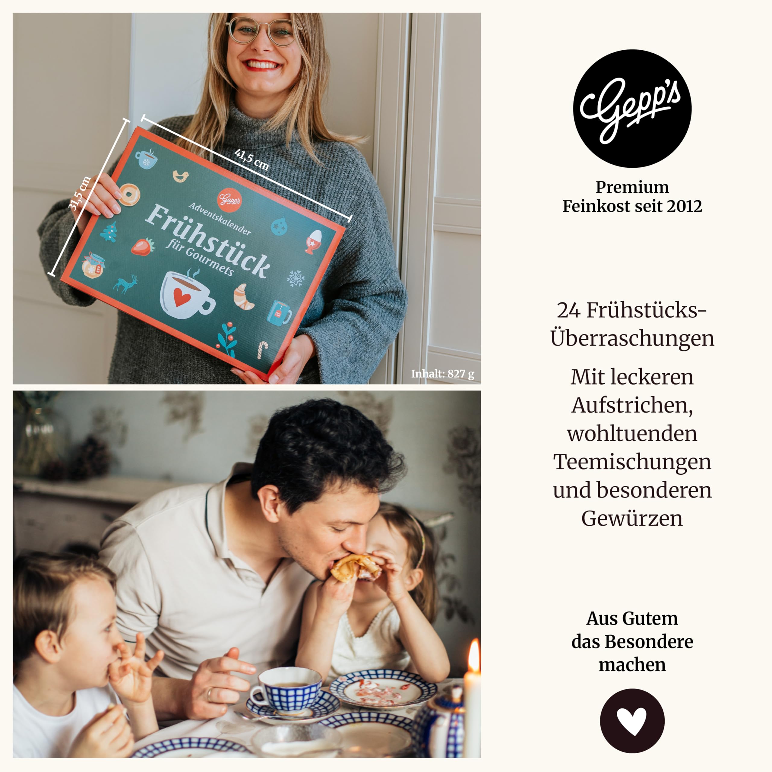 Gepp's Feinkost-Adventskalender "Frühstück" I Weihnachtskalender gefüllt mit 24 ausgewählten Lebensmitteln wie Tees, Honig & Konfitüre I Bio- Weihnachtskalender mit Delikatessen für Gourmets