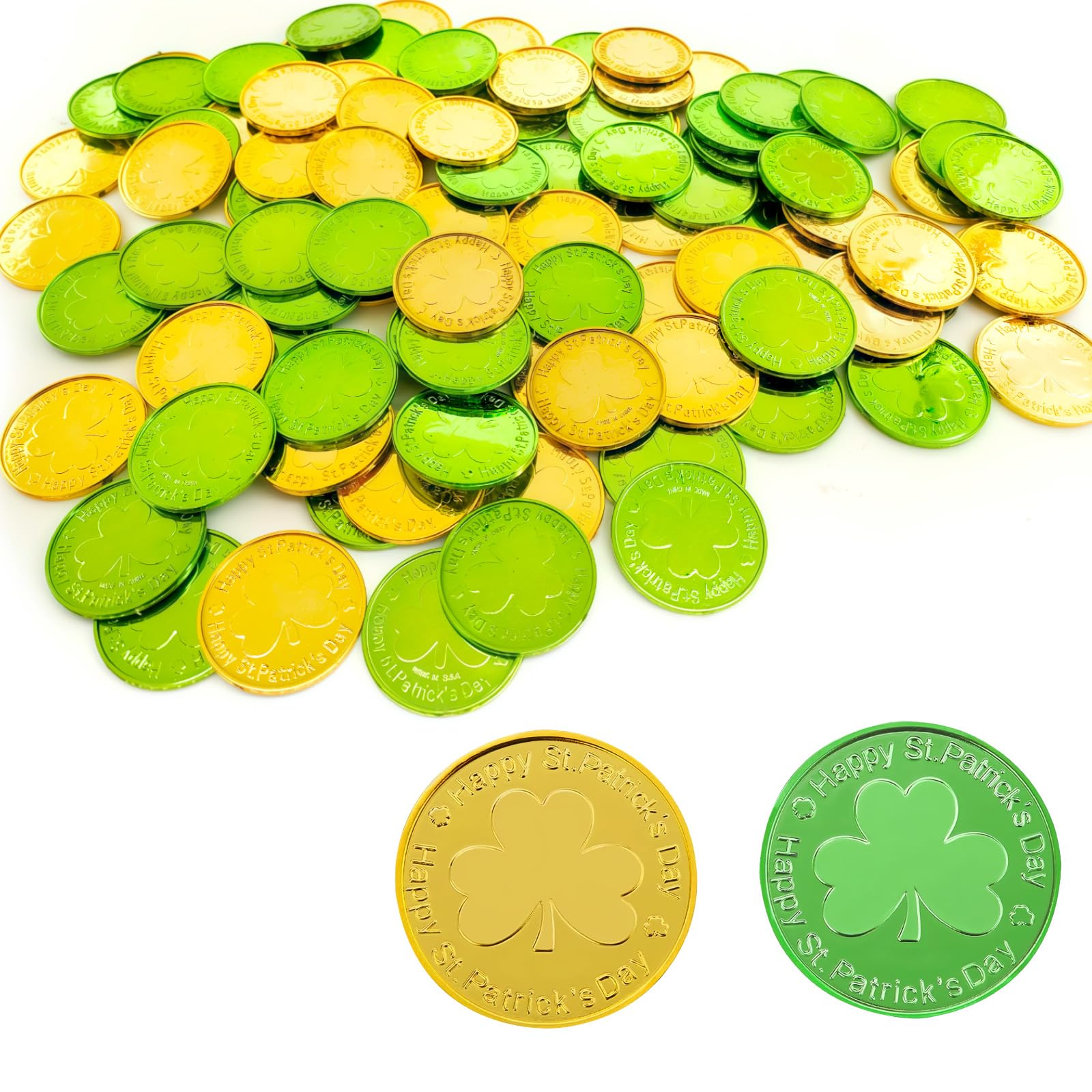 100 PCS St. Patrick's Day Leaf Coins Shamrock Coins Gold and Green Plastic Shamrock Tokens Lucky Leprechaun Coins for Irish Theme Celebration Decorations St. Patrick's Day Gathering Table Decor