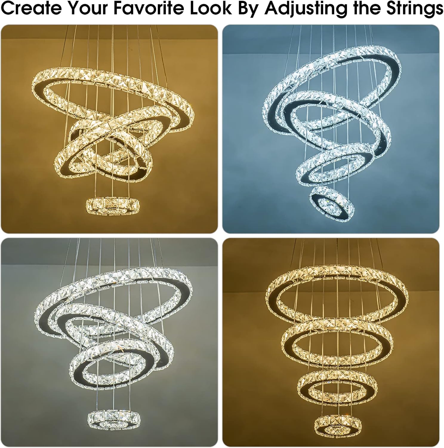 KKMYWAN Modern Crystal Chandelier, Dimmable 4 Rings LED Chandelier Round Ceiling Pendant Light Fixture with Remote for Dining Room Bedroom Entryway, 3000K/4000K/6000K