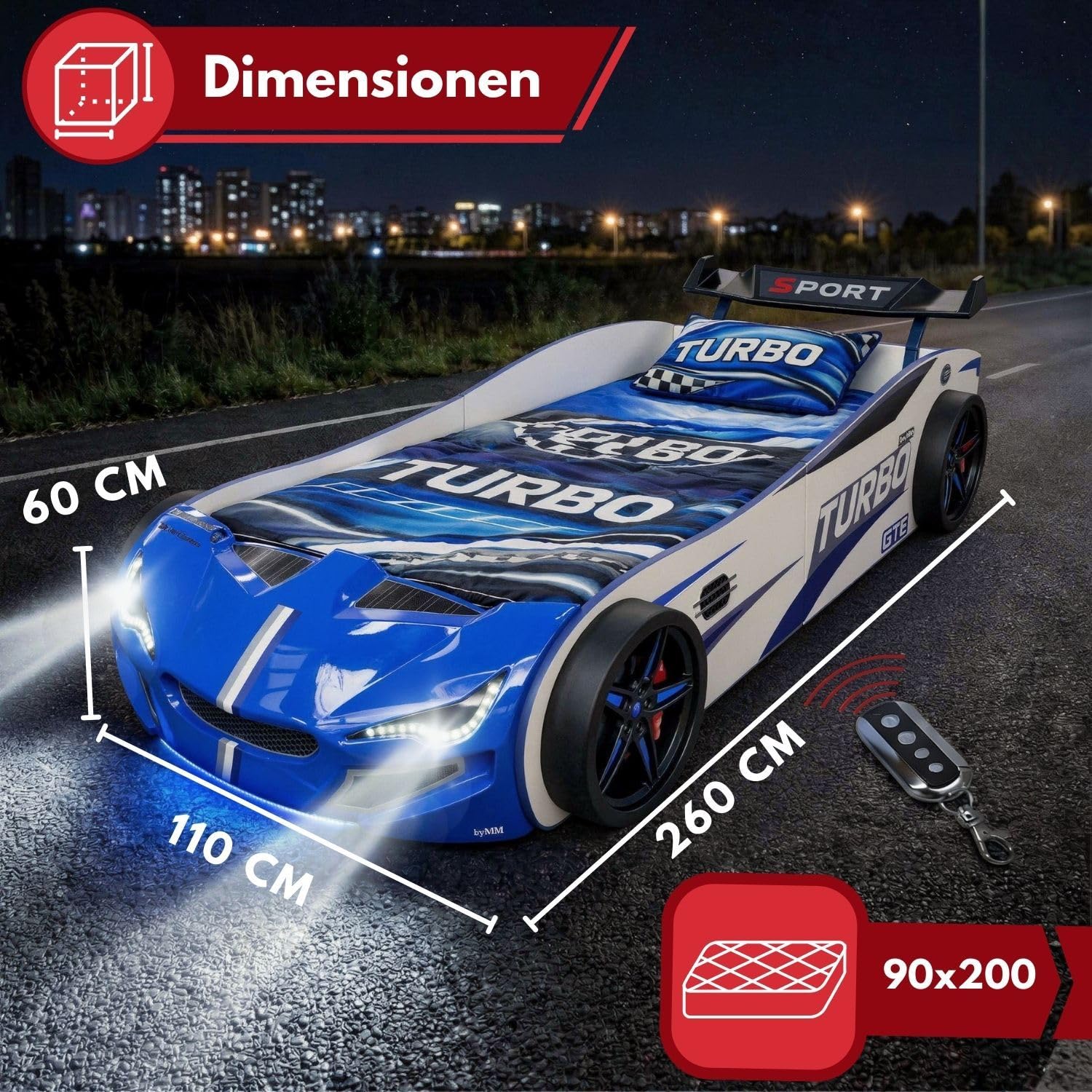 Coemo Autobett GTE Kinderbett 90x200 Rennwagenbett inkl. Rollrost, Sound Hupe Motor, LED-Leuchte Bett Farbe Blau Sportwagen-Design Spoiler