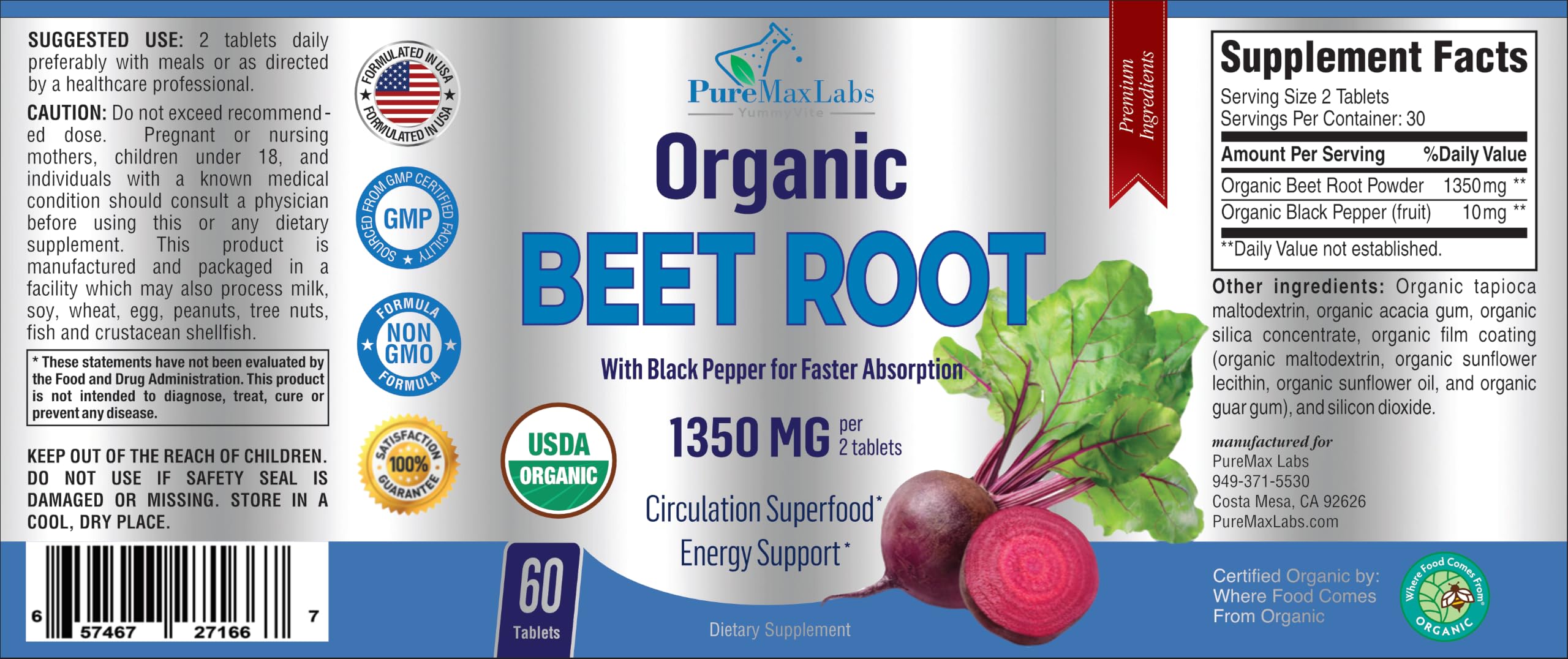 YUMMYVITE Organic Beet Root Powder Tablets, 1350mg, 60 Tablets — Amazon image 6