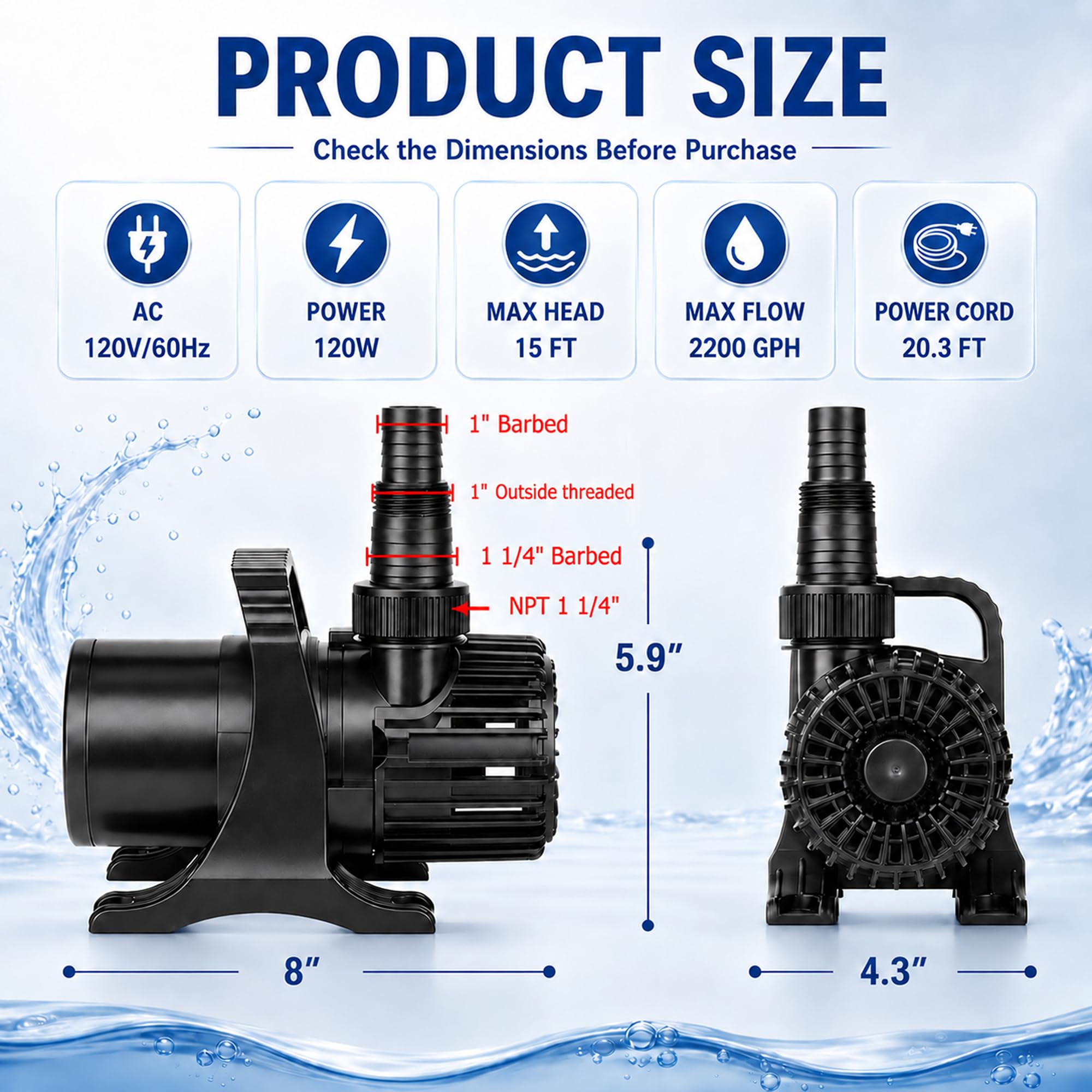 WaterRebirth (2200GPH-120W, lista UL) PS - Bomba de agua sumergible de alto flujo - Bomba de estanque - Bomba sumergible - Bomba de fuente de agua - Bomba de acuario, PS-2200
