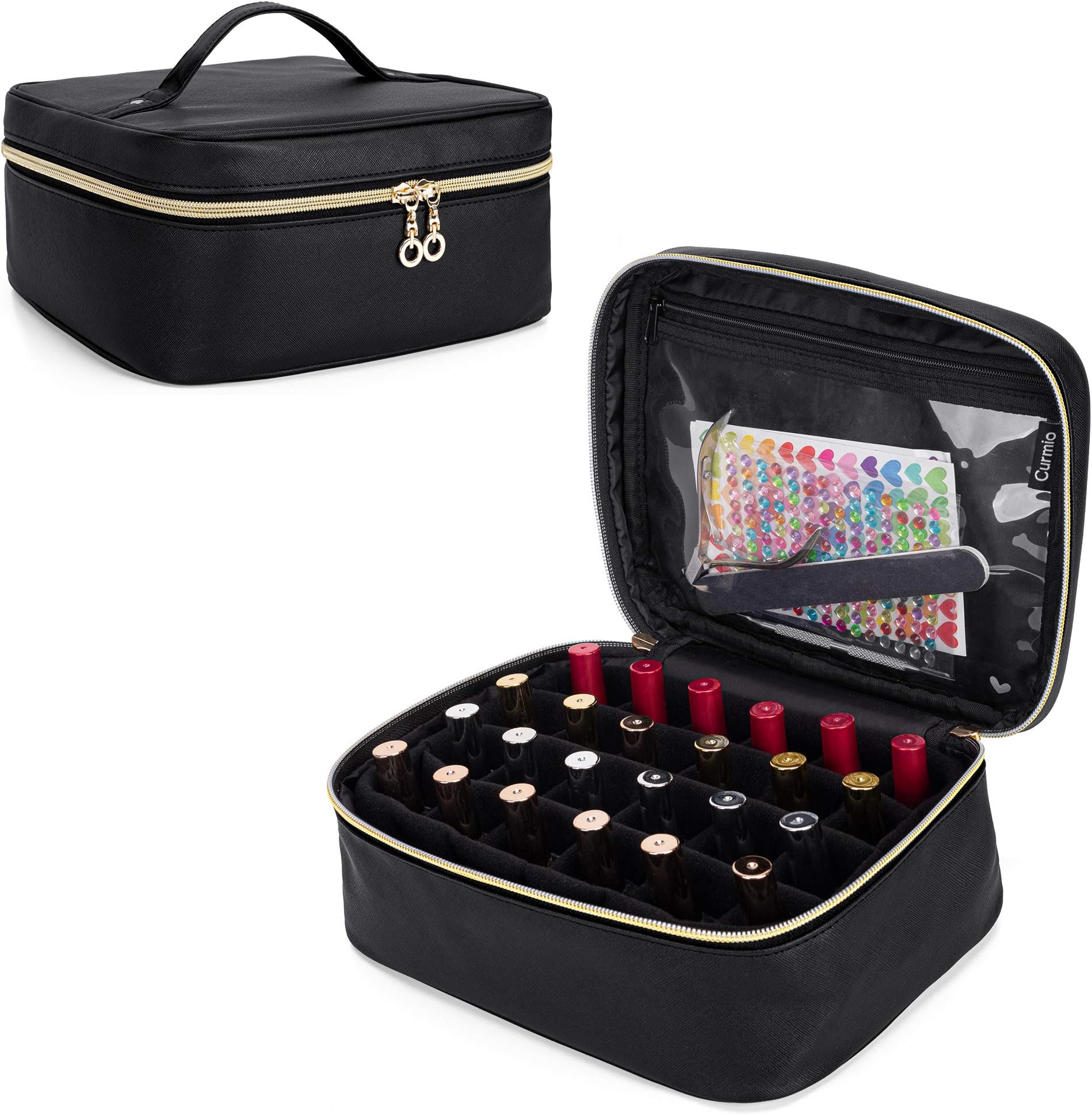 CURMIO Nail Polish Carrying Case, Portable Nail Polish Organizer for 24 Bottles (15ml/0.5 fl.oz), Travel Storage Bag for Nail Polish and Accessories, Black