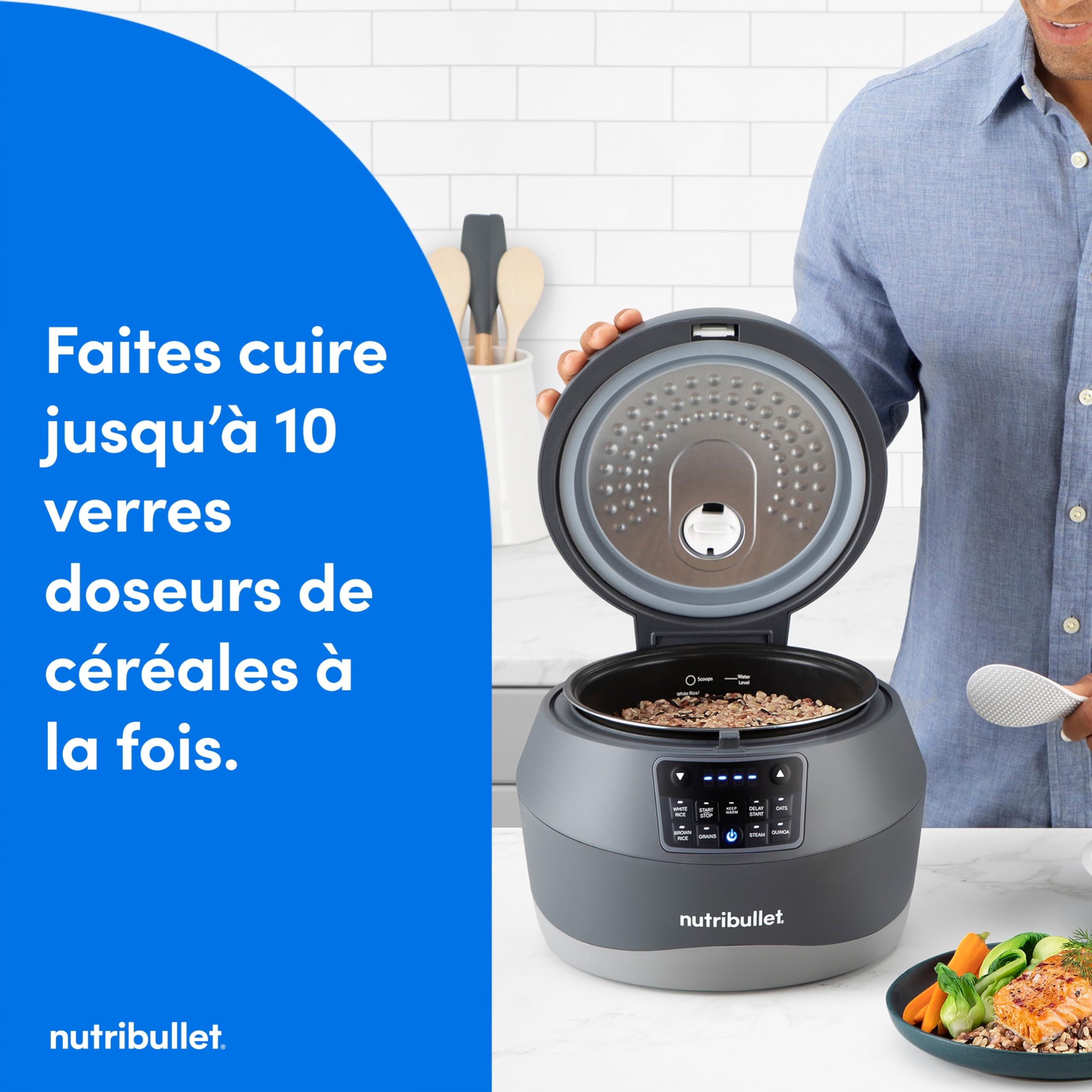 nutribullet EveryGrain Cooker - Cuiseur Vapeur à Riz et Céréales Multifonction, 10 Verres Doseurs, 5 Programmes Auto, Fonction Maintien au Chaud 12h, Cuillère et Panier Inclus, 600W, Gris (NBRC605DG)