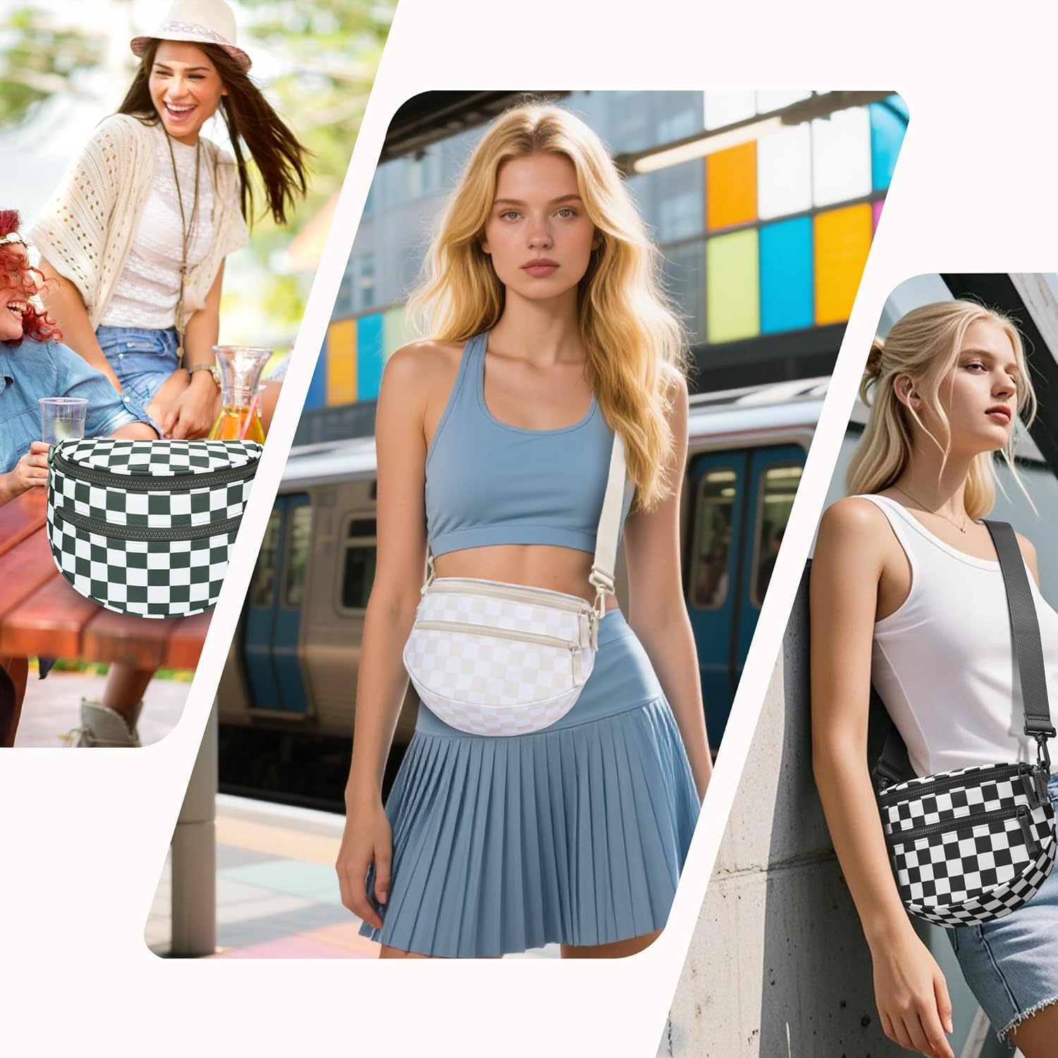 FODOKO Small Checkered Crossbody Bag Nylon Bum Bags shoulder Purses Handbags Wallets for Women - Image 6