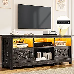 DWVO TV Stand for up to 65 Inch TV, Entertainment Center with Storage, TV Cabinet with Power Outlet & LED Light Strip, Media Console Television Stands for Living Room, Dark Rustic Oak
