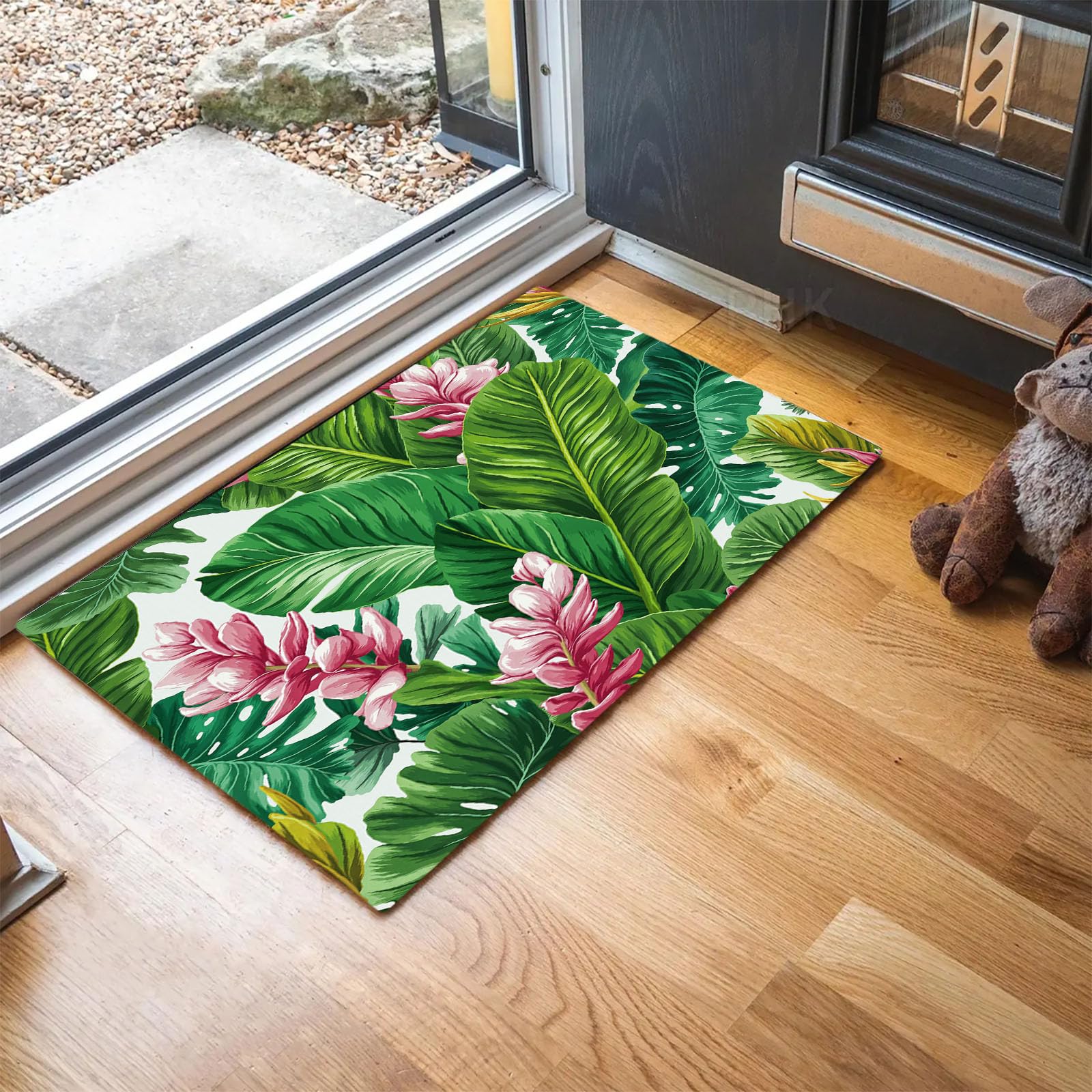 Felpudo entrada para exterior e interior de casa con estampado de hojas tropicales y rosas