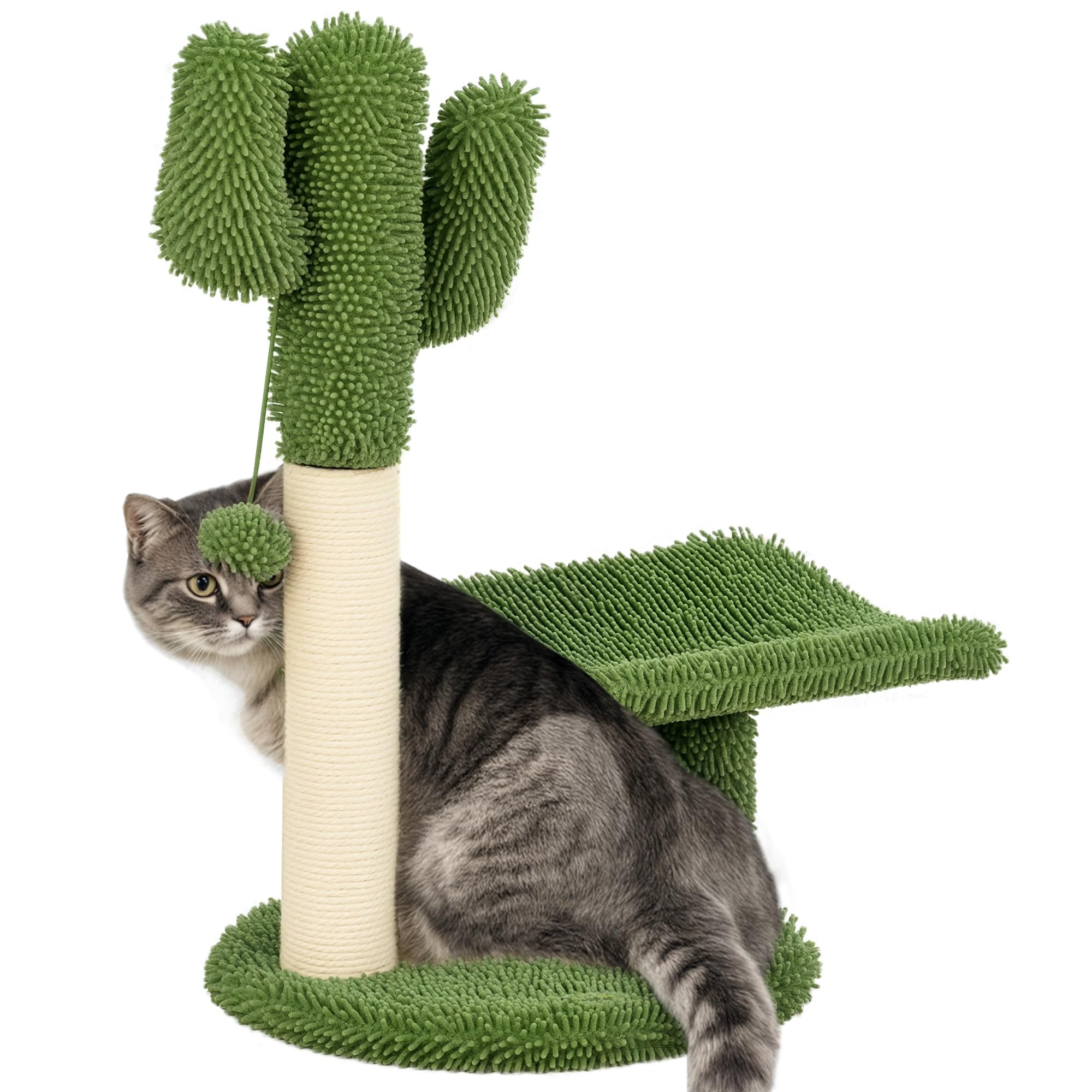 PawHut Albero per Gatti a forma di Cactus con Tiragraffi, Pallina da Gioco e Piattaforma, Torre per Gatti in Truciolato e Ciniglia, 35x31x55.5 cm, Verde e Bianco