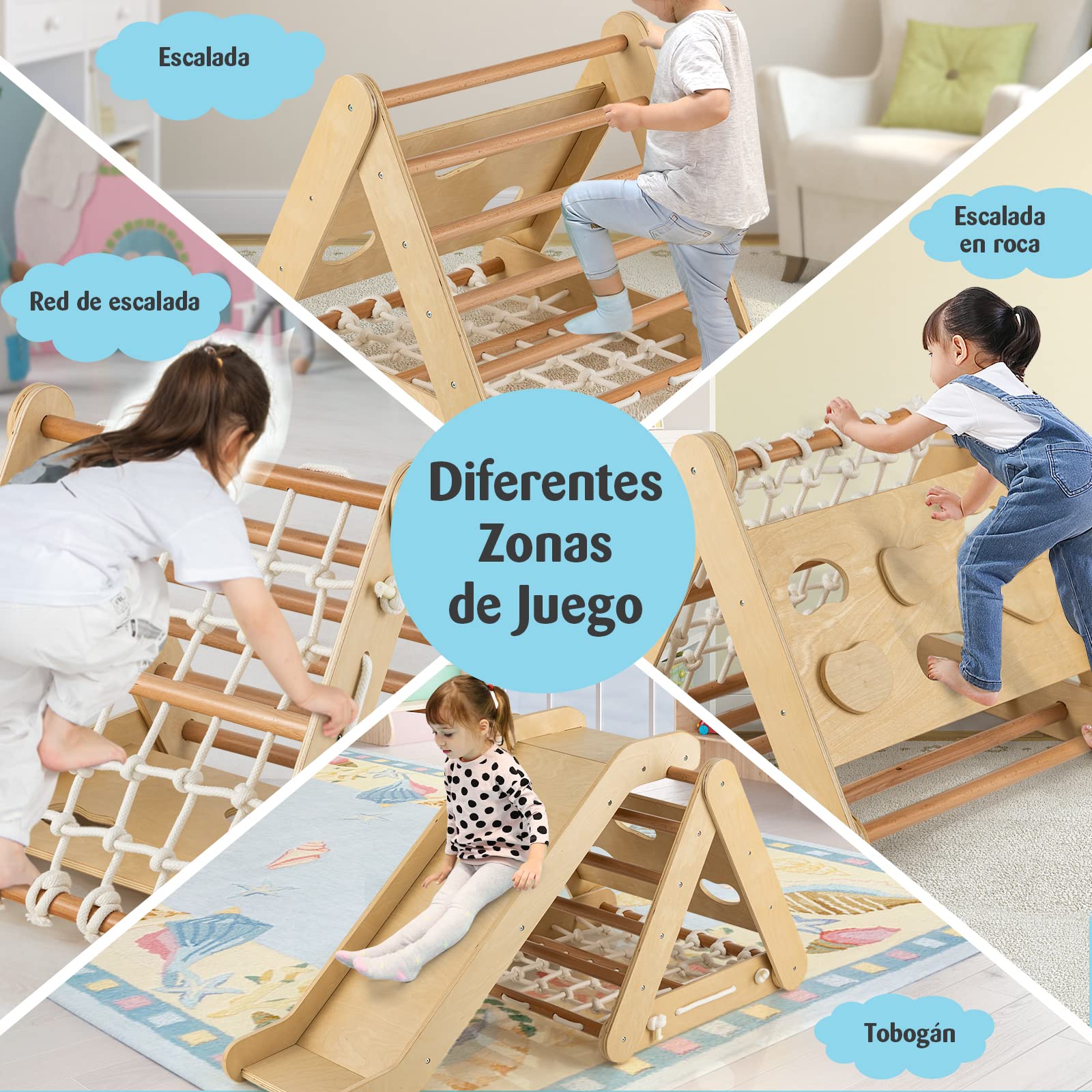 COSTWAY 4 en 1 Triángulo de Escalada para Niños, Escalador Triangular con Tablero Deslizante, Juego de Escalada de Madera para Interior con Red de Escalada para Hogar(Natural)