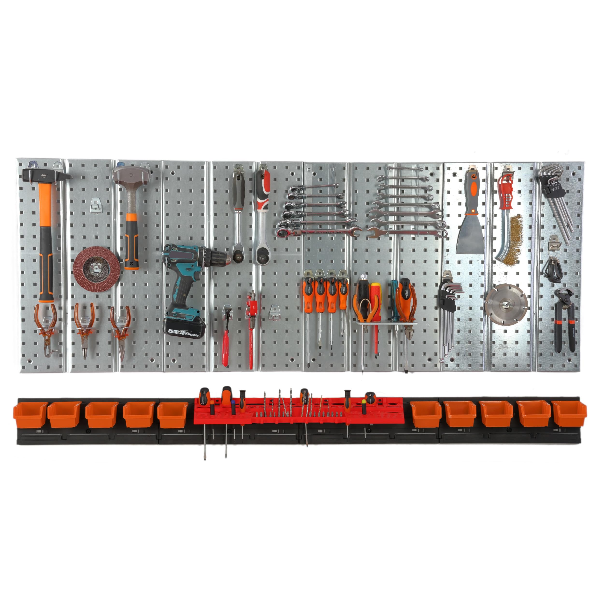 botle Werkzeugwand Metall 156x72 cm Lagersystem mit Werkzeughaltern Werkzeughaken und 10 Stapelboxen 80 x 115 x 60 mm Farbe: orange Lochbrett Werkstatt Garage Steckbrett Elektrowerkzeuge Lochwand