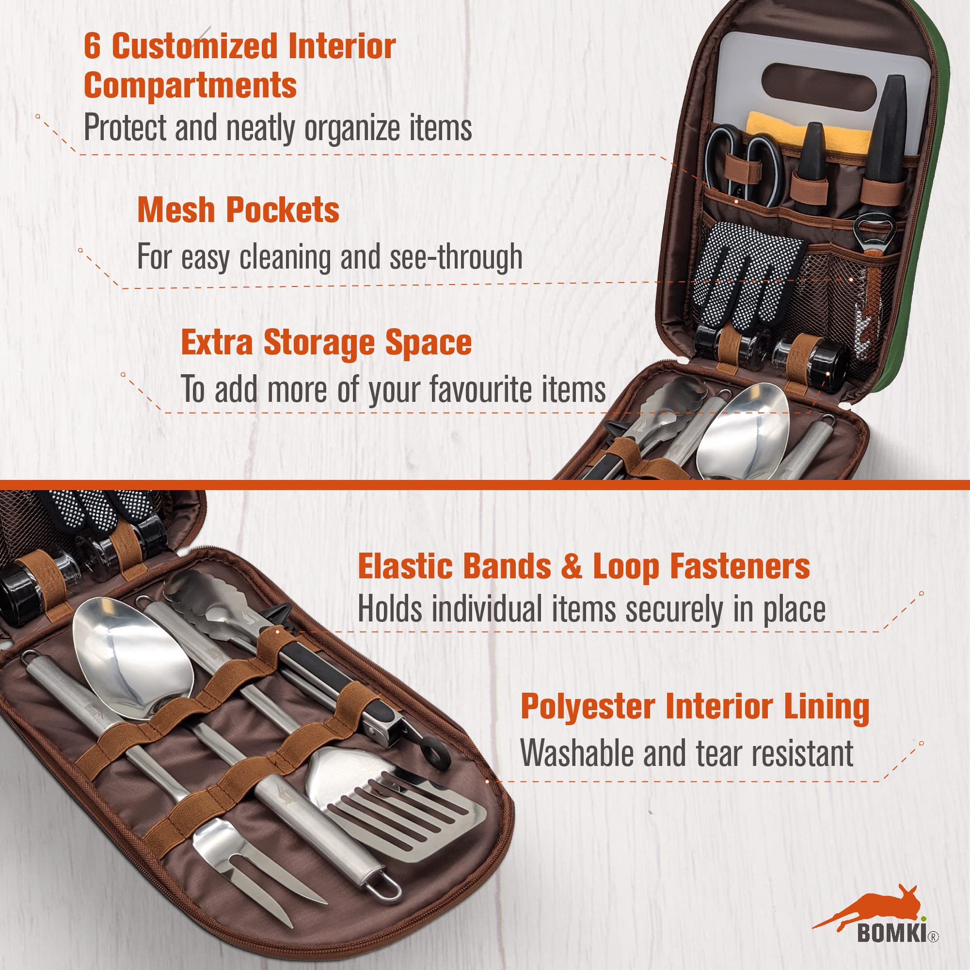 Set di 13 utensili da cucina per grigliare e campeggio, per barbecue all’aperto, in acciaio inox, set da cucina e utensili da cucina, kit di accessori con borsa leggera ed elegante a tracolla (verde)
