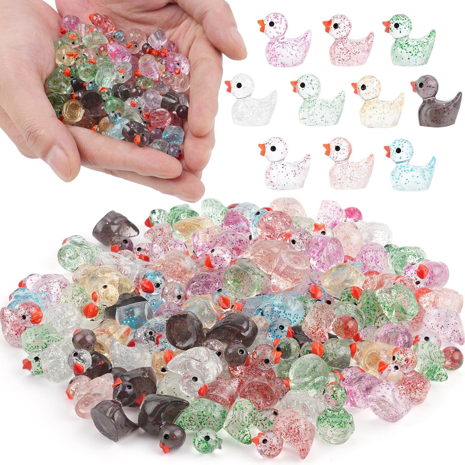 100Pcs Glitter Mini Resin Ducks, Colorful Tiny Ducks Figurines Bulk for Miniature Dollhouse Decor Accessories Garden Aquarium Potted DIY Ornament Charms Office Classroom Activity to Hide Party Toys