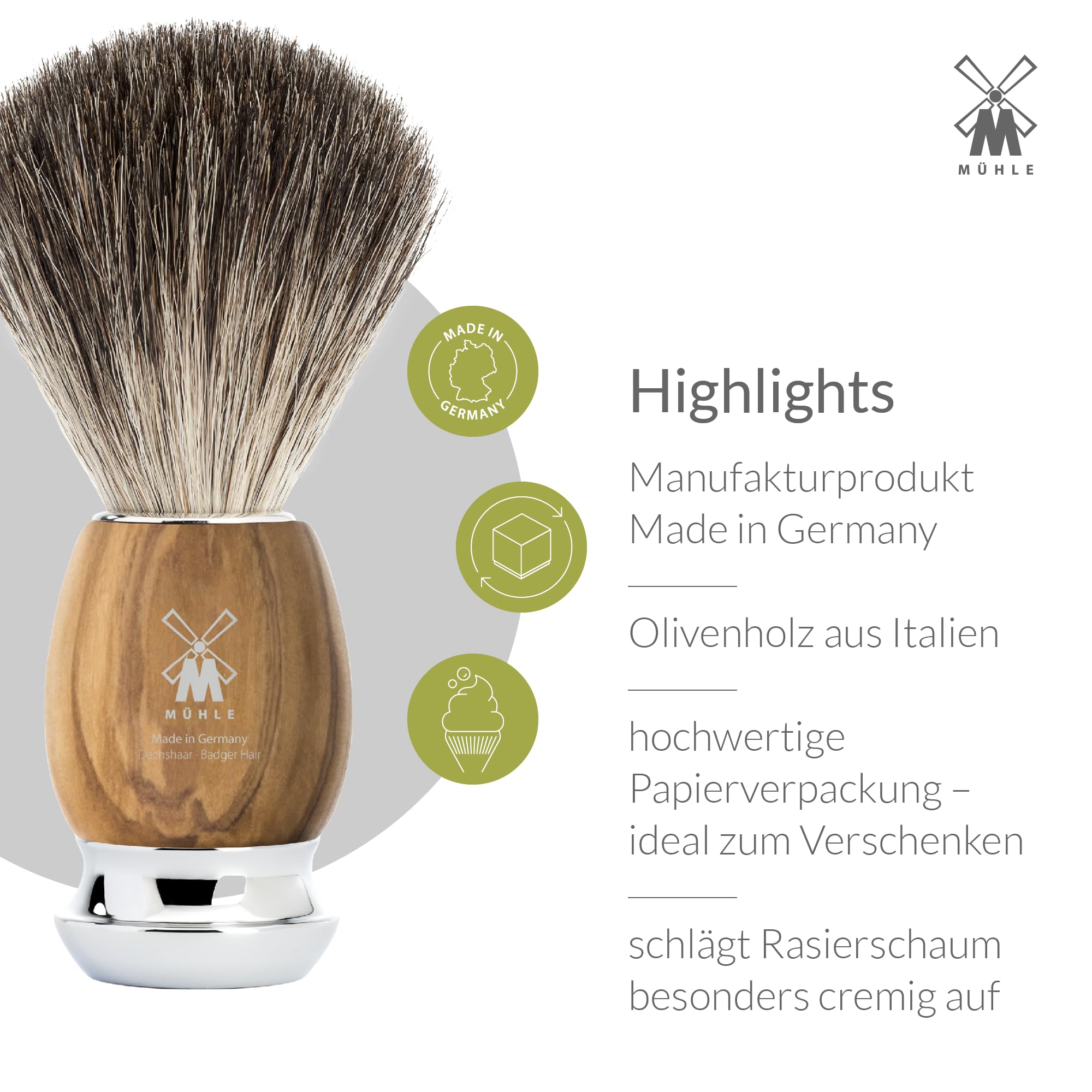 MÜHLE Vivo Rasierset - Rasierhobel, Rasierpinsel mit reinem Dachshaar, Halterung mit Schale, Griffe aus Olivenholz