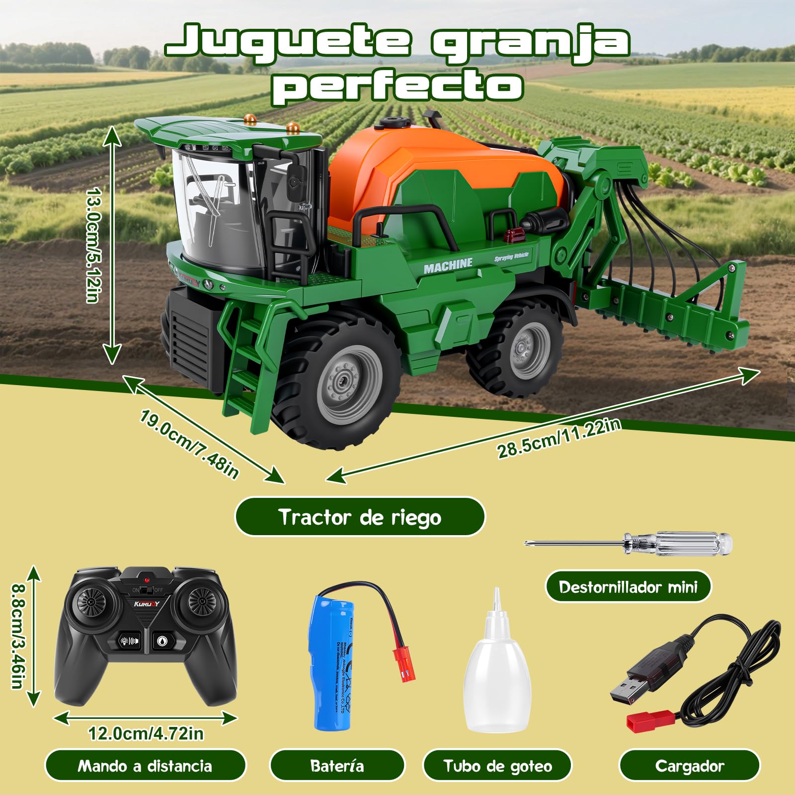 Ulikey Tractor Teledirigido, RC 2.4Ghz Tractor Electrico para Niños con Riego, Luz y Sonido, Vehículo de Granja Juguete Set para Niños de 3 Años