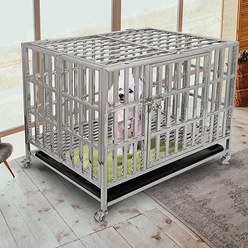 Miniatura 4 de Jaulas resistentes de 37 pulgadas para perros Meduim, perrera indestructible de acero inoxidable para perros pequeños, jaula para perros pequeños,