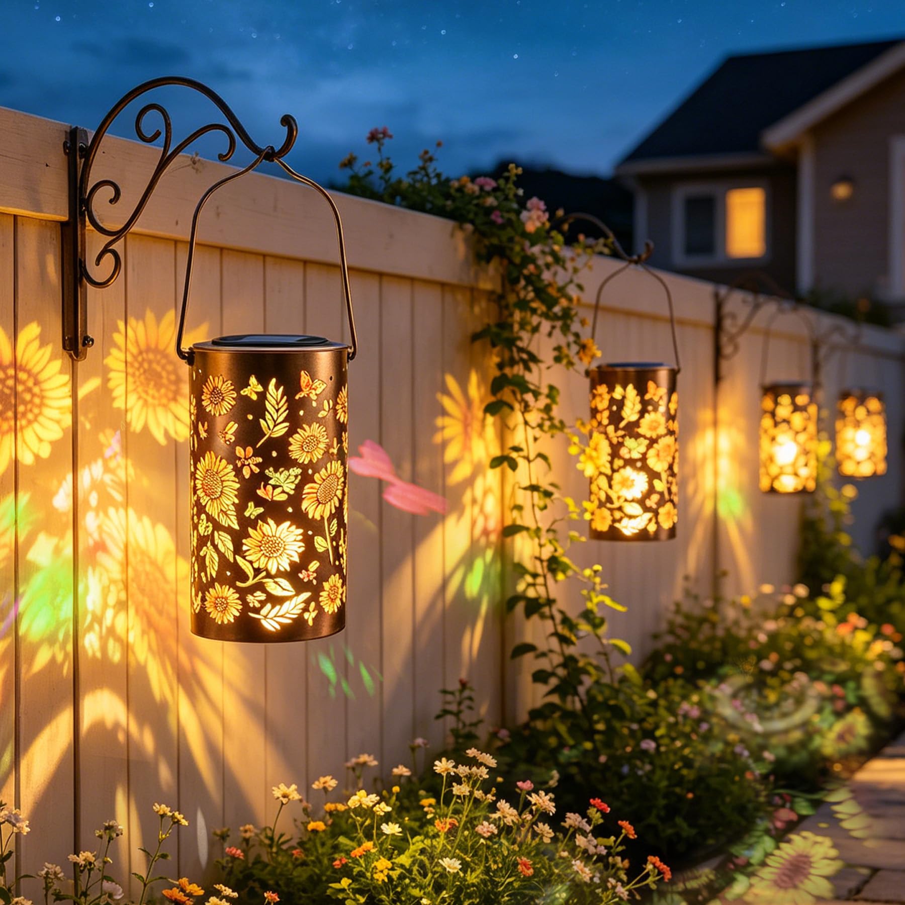 VEEKAY 2 Pezzo Lanterna Solare a Forma di Girasole per Esterno,Lampade Solari da Giardino in Metallo,IP65 Impermeabile,Lanterna Decorativa Da Giardino per Tavolo, Esterni, Terrazzo,Balcone