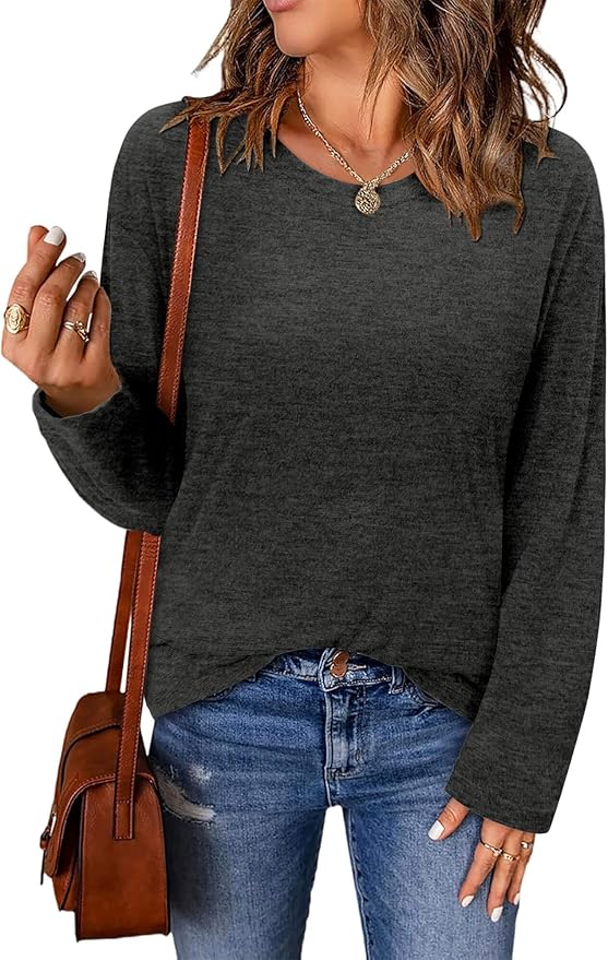 ONLYSHE Women's Casual Striped Long Sleeve Tops Crew Neck Knit Basic Loose Fit T Shirts Fall Fashion Tunic Outfits