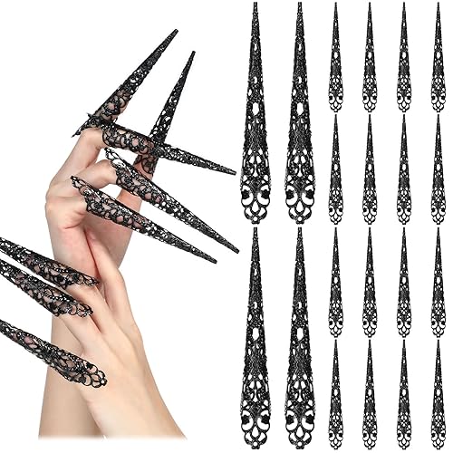Paquete de 20 anillos de uñas de Halloween de reina antigua, garra de metal para nudillos para Halloween, mujeres, cosplay, disfraces, espectáculo