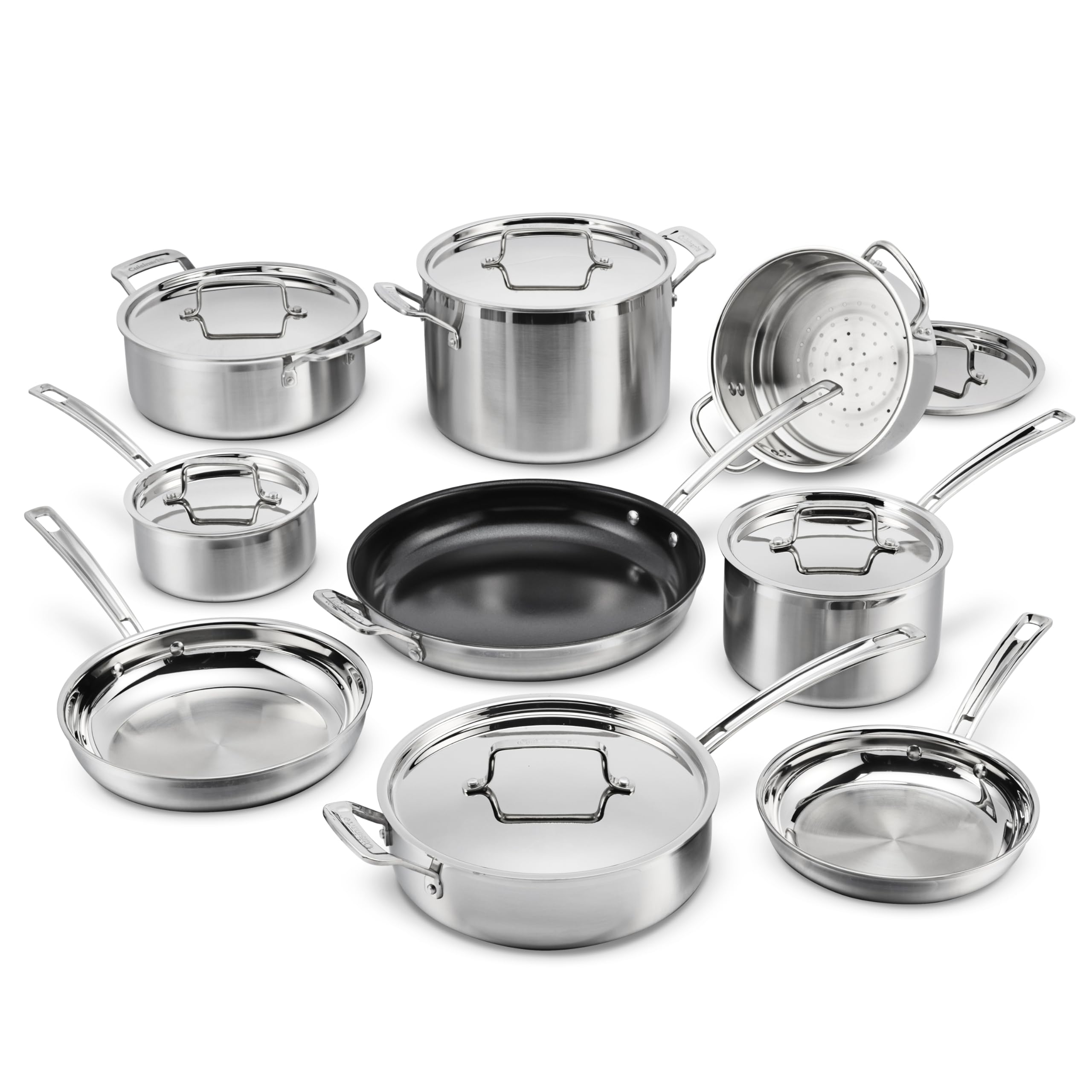 Cuisinart MultiClad Pro Triple Ply Stainless Steel Cookware Set, Heat Surround Technology, Cool Grip Handles, Oven Safe to 500°F, MCPS-12N, Silver: 15-Piece