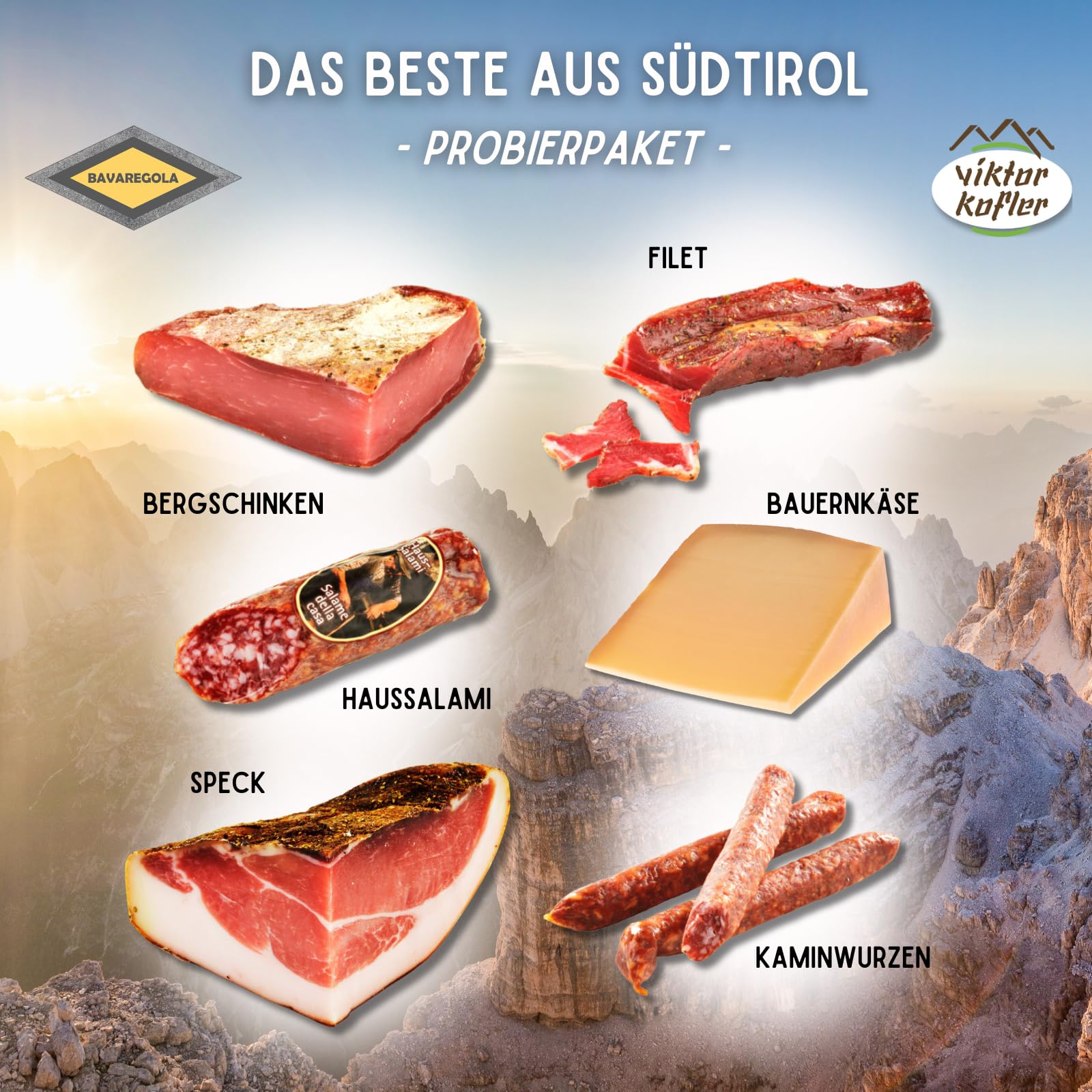 BAVAREGOLA 6er Südtiroler Spezialitäten Probierset - Speck, Käse, Salami & Schinken von Viktor Kofler