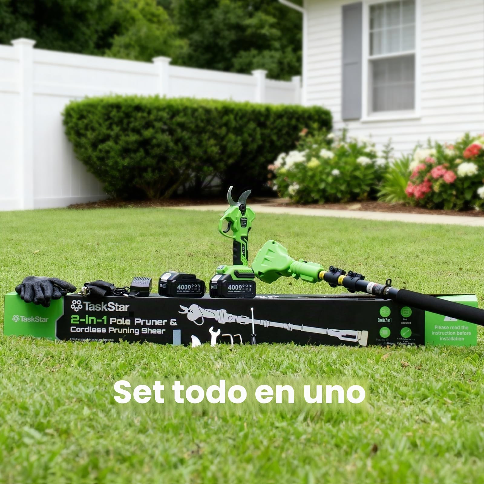 TaskStar Tijeras de Podar Eléctricas Inalámbricas 2 en 1: Diámetro de Corte 40mm Podadora de Poste Sin Escobillas – 2 Baterías de 4000mAh, Hoja SK5 de Repuesto, 4 Modos de Corte para Flores y Árboles