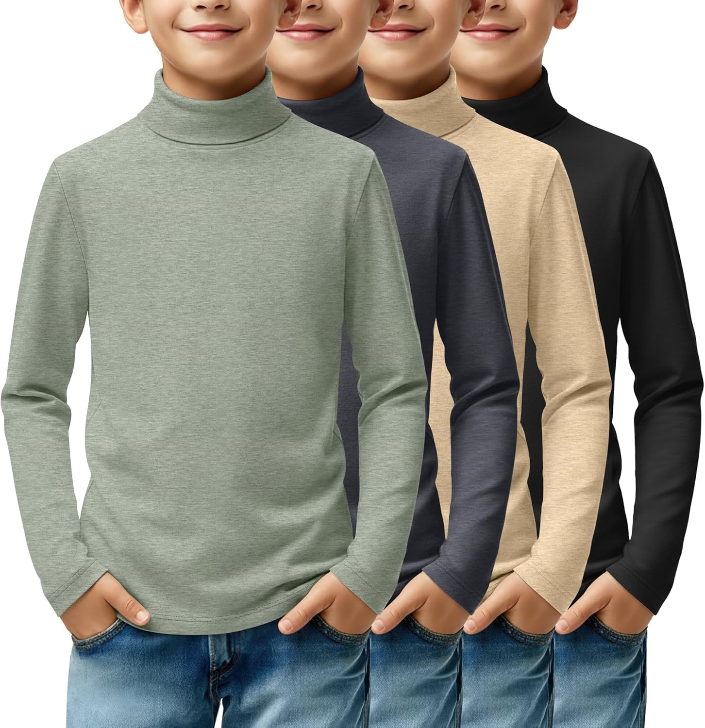 LessonZoo 4 Pack Boys Turtleneck Long Sleeve Shirts Elastic Solid Warm Basic Football Baseball Undershirt Base Layering Tops