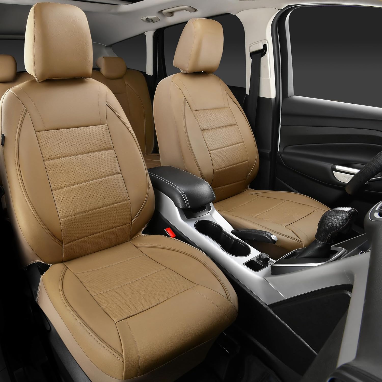 CAR PASS Piping Leather Seat Cover,Universal FIT with Composite Sponge Inside,Airbag Compatible and Reserved Opening Holes,Inside zipper for Cars,Sedan,SUV,Truck(Full Set,Beige with Tan Piping-Stripe) - Image 3