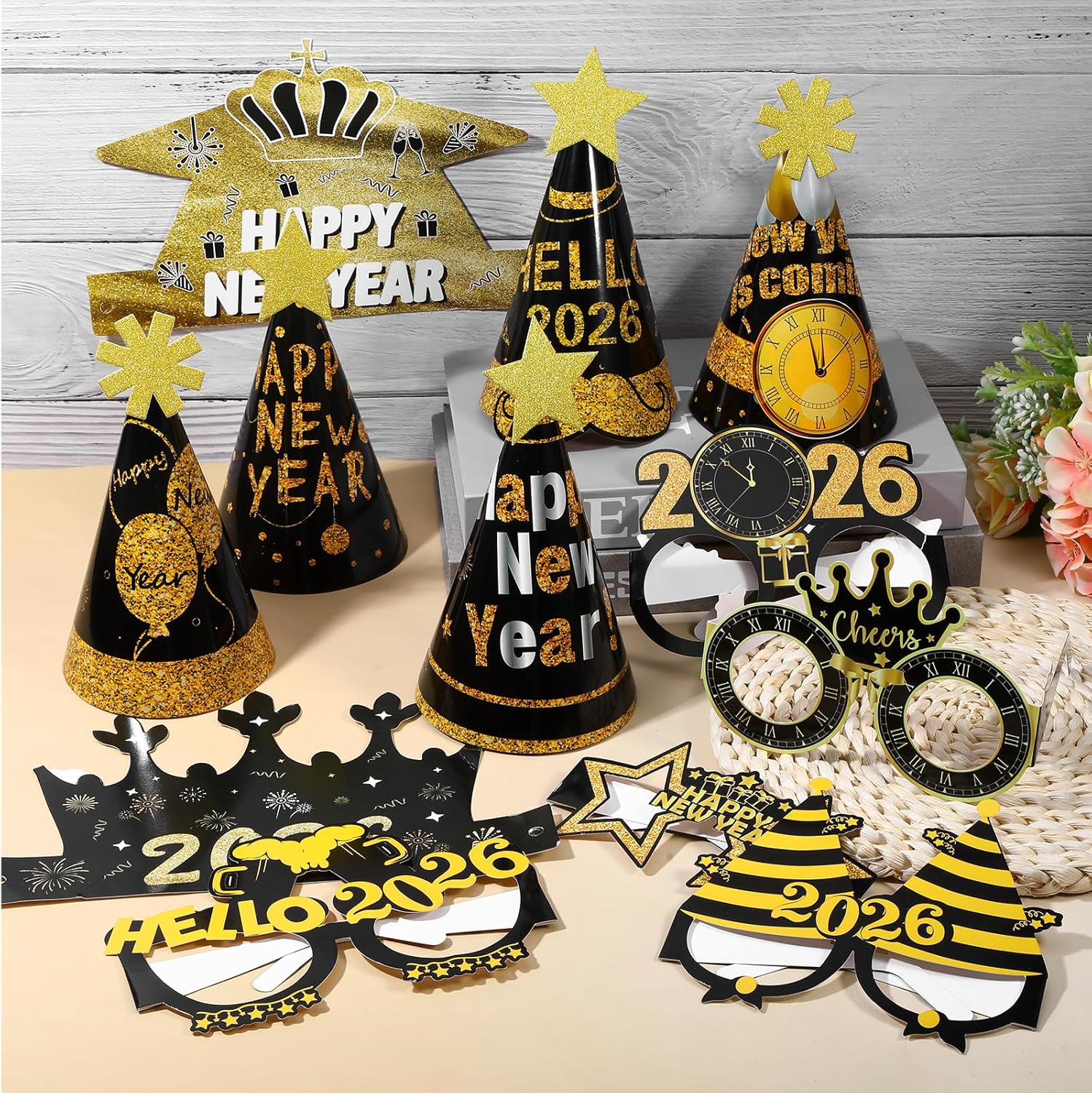 34 Pcs New Years Eve Party Supplies 2026, New Years Decorations 2026 Black and Gold Top Hats Tiaras Crown Paper Cone Hats Glasses Nye Accessories Props Outfit - Image 7