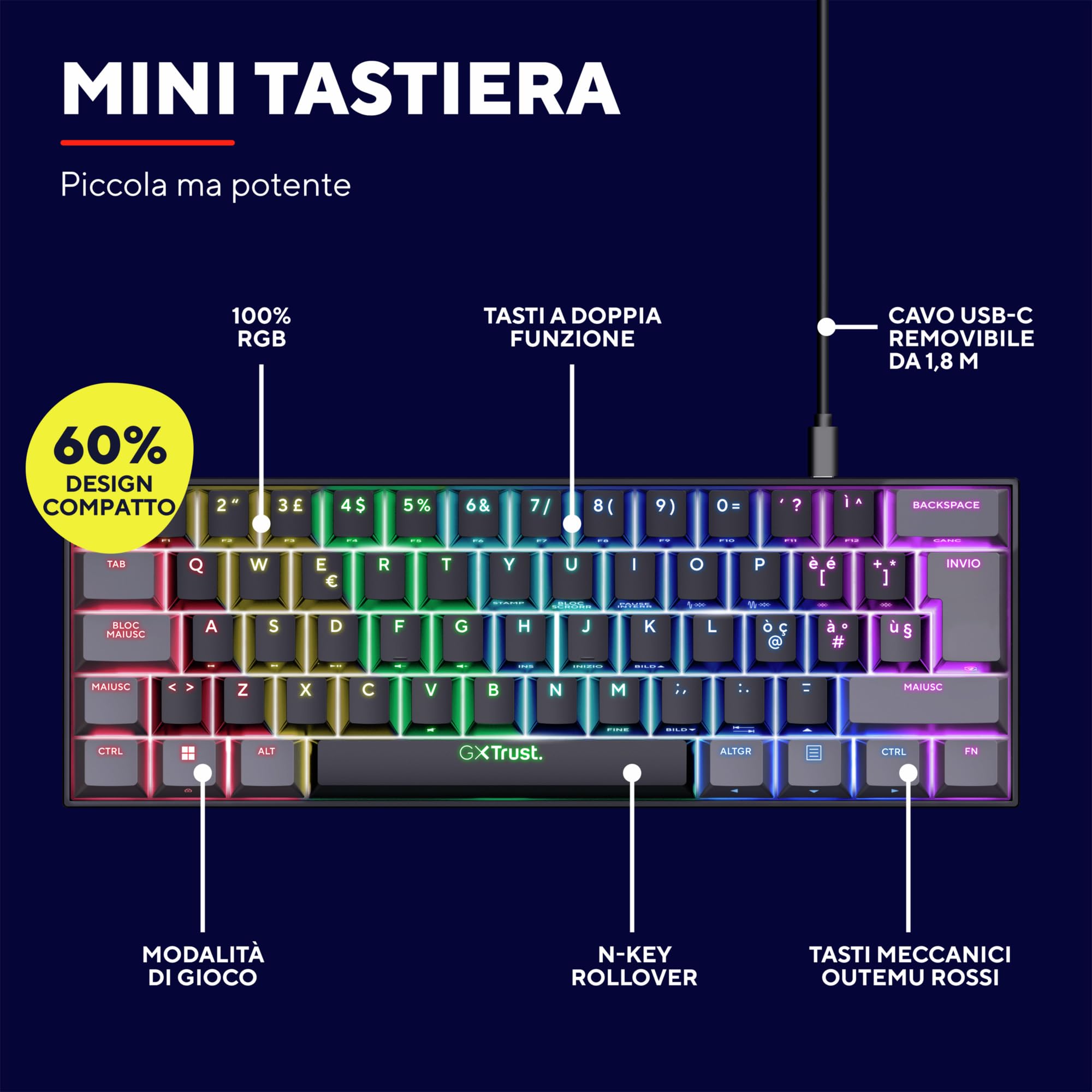 GXTrust 867 Acira Tastiera Meccanica 60% Layout Italiano QWERTY, Mini Tastiera Retroilluminata RGB, Tasti a Doppia Funzione, USB Tastiera Gaming Programmabile PC Laptop Portatile - Nero