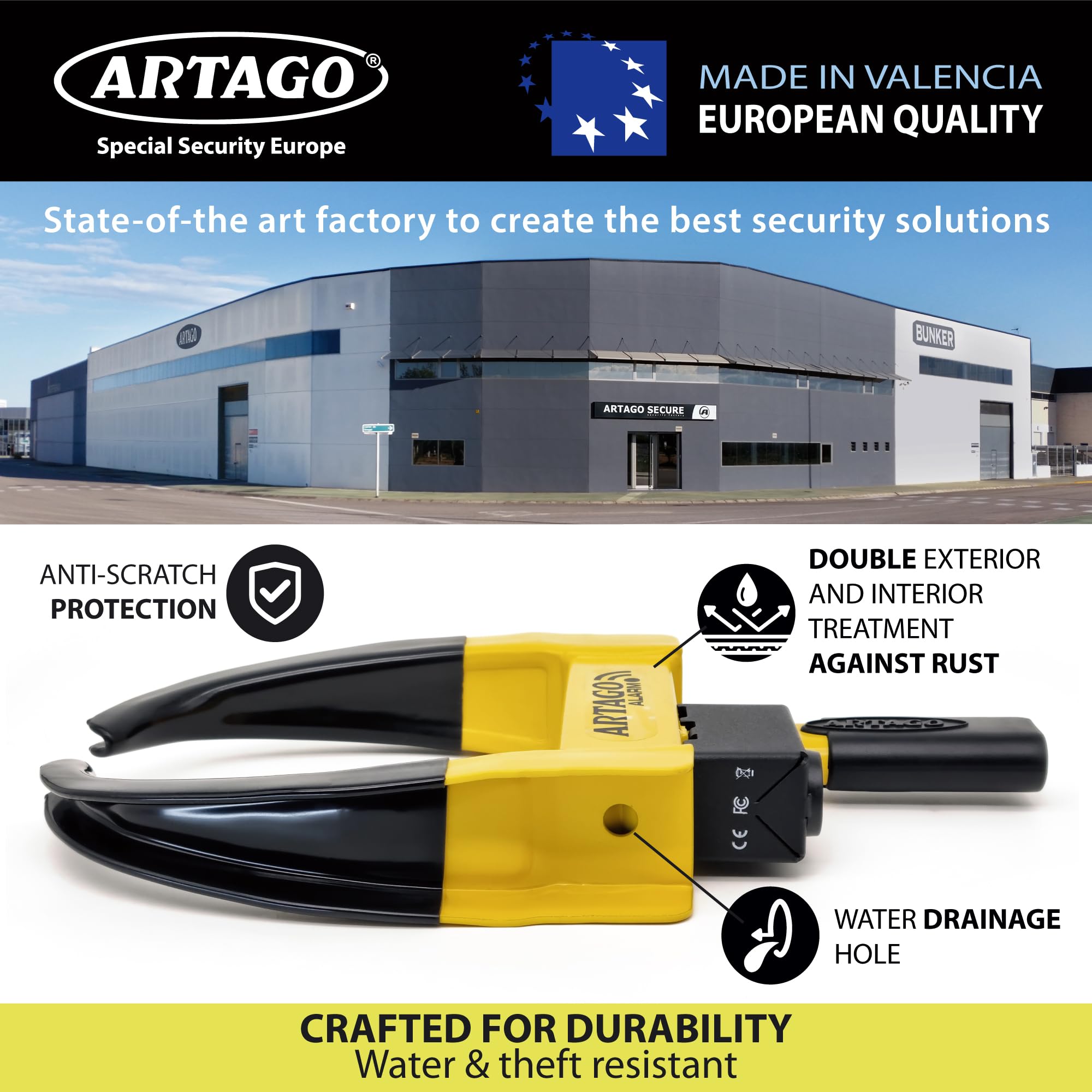 ARTAGO ART872 High-End Alarm Wheel Clamp Lock, Exclusive Patented Anti Theft Device, Don't Touch System, 120dB, Long Lasting Battery, Universal Auto Car Boot for Tires Trailer, Van, Golf Cart, Camper