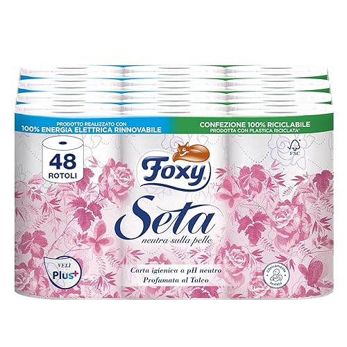 Immagine del prodotto Foxy Seta | Carta igienica 200 strappi x 48 rotoli, 2 veli elevato spessore | Confezione riciclabile prodotta con plastica riciclata