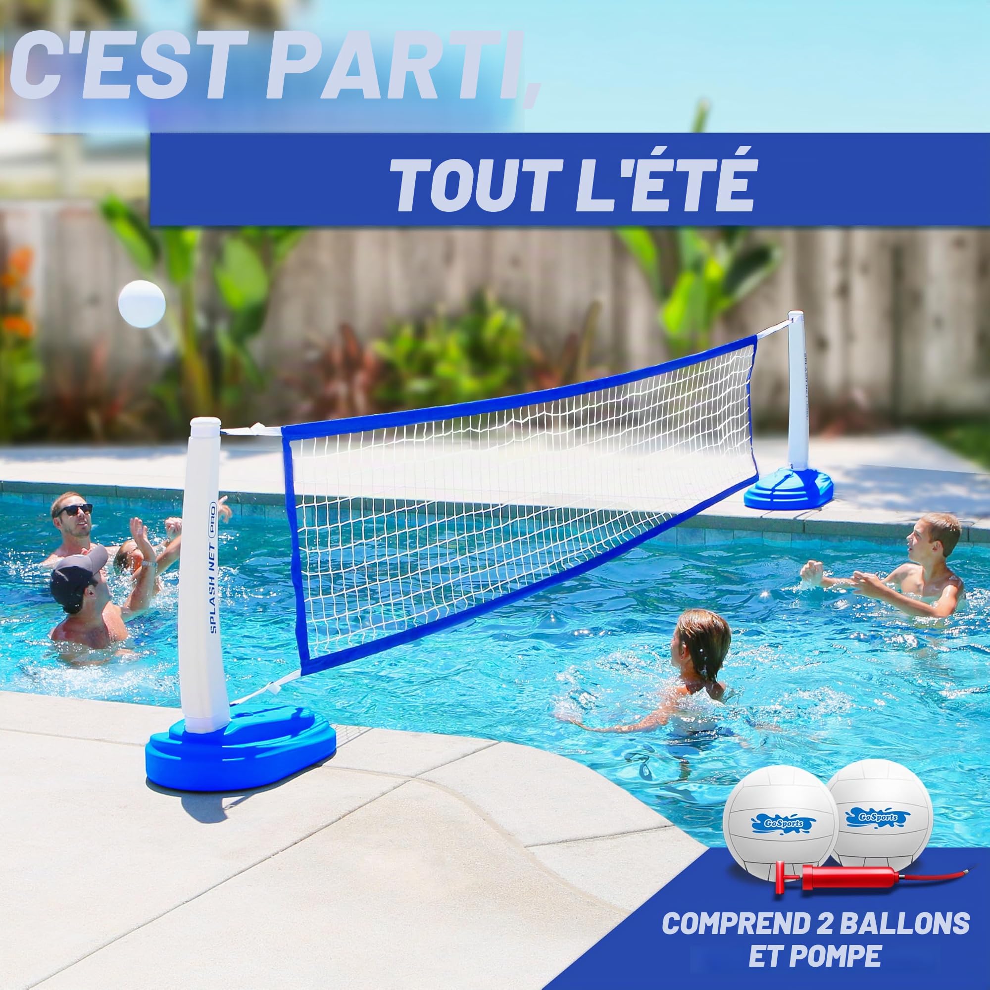 GoSports Splash Net Pro Filet de Volleyball pour Piscine avec 2 Ballons et Pompe, Blanc, Rouge, Bleu