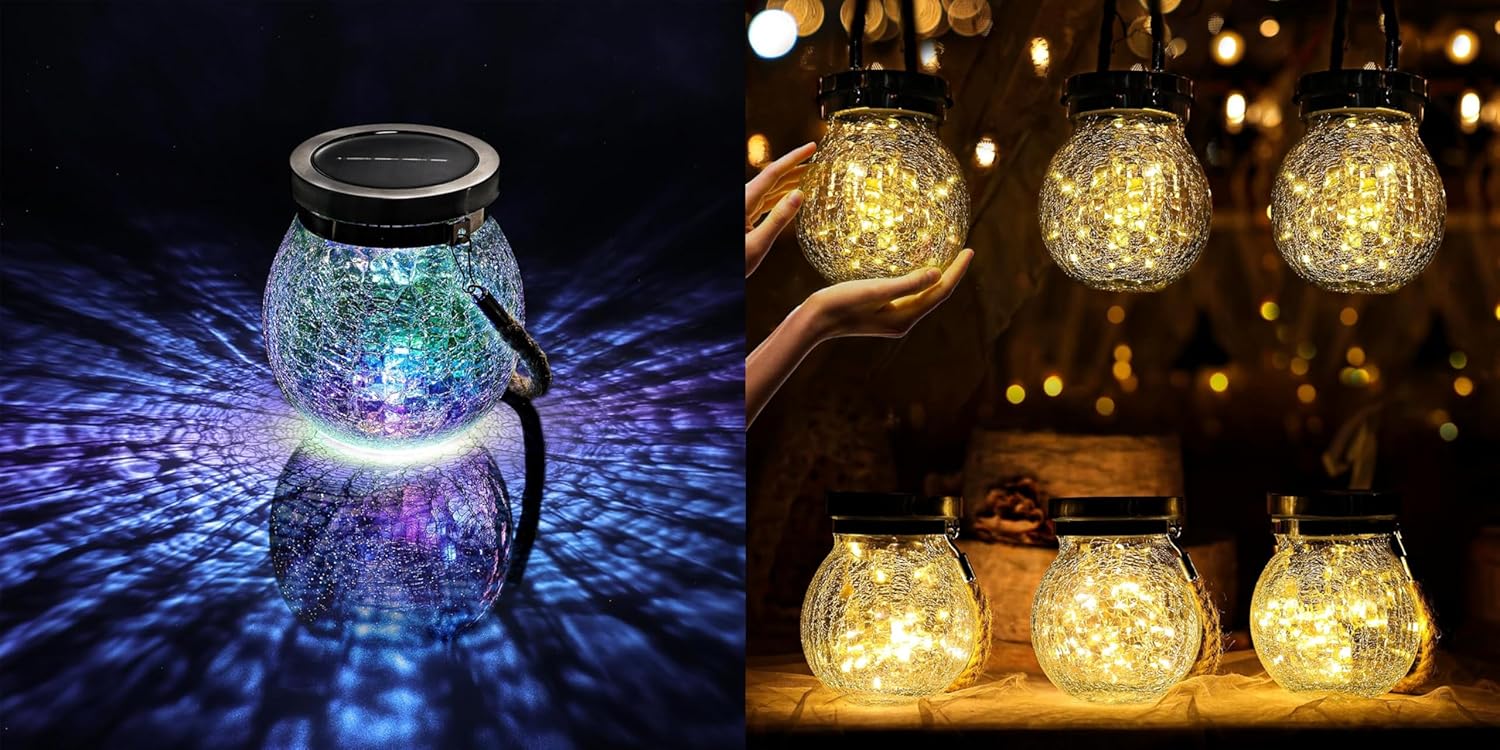 Cooo 6 Pack Heavy Crackle Glass Solar Lantern and 2 Pack Heavy Iridescent Crackle Glass Solar Lantern