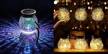 Cooo 2 Pack Heavy Crackle Glass Solar Lantern and 2 Pack Heavy Iridescent Crackle Glass Solar Lantern