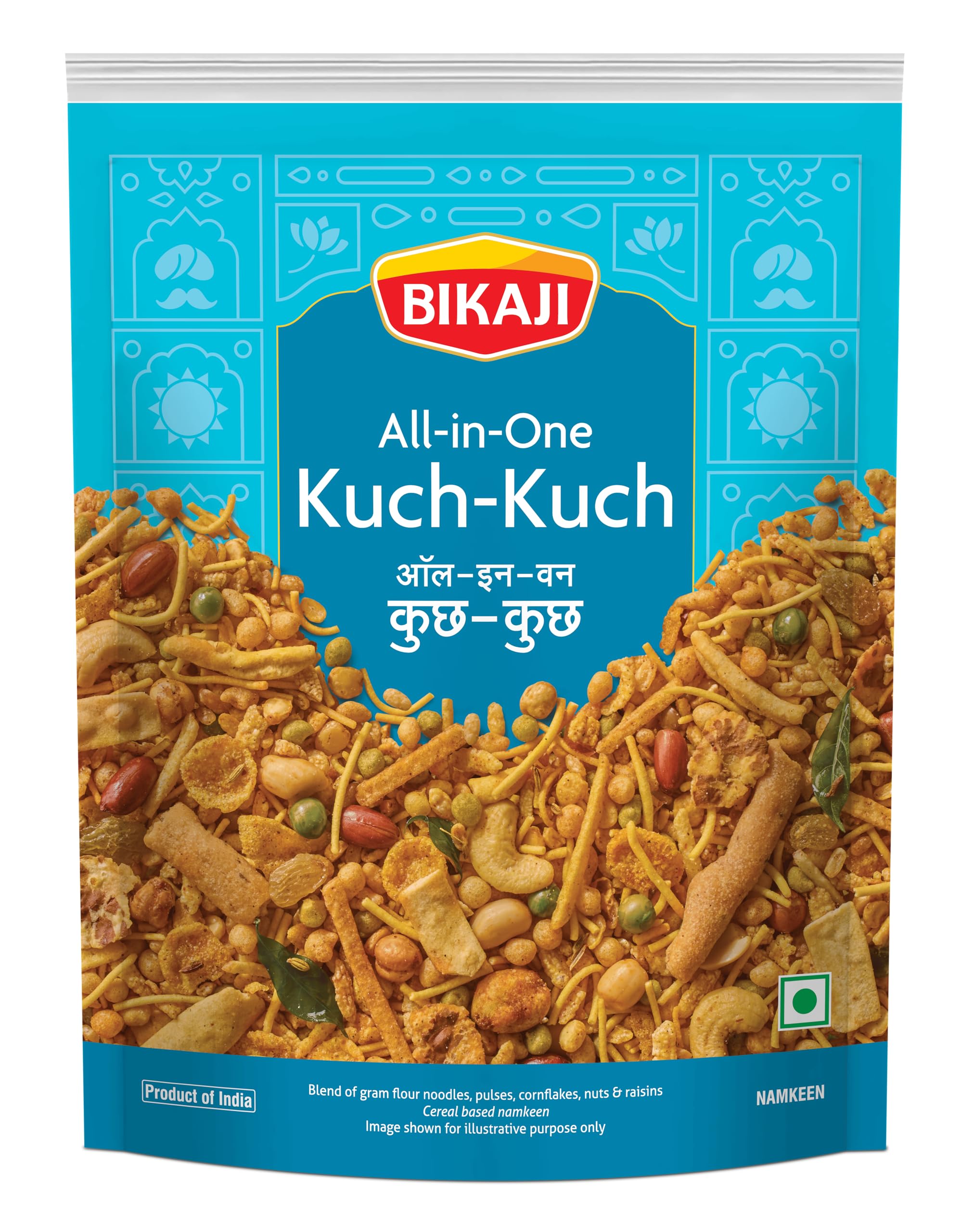 Kuch Kuch All In One Mixture 35.27 oz (1kg), Authentic Indian Farsan, Crunchy Blend of Gram Flour Noodles, Pulses, Cornflakes, Nuts & Raisins, Traditional Recipe, Perfect for Tea-Time Snack