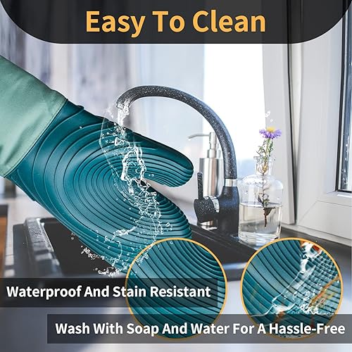 Miniatura 4 de Paquete de guantes de silicona para horno, guantes forrados de algodón, sin BPA, guantes largos de cocina y salvamanteles, guantes de silicona para