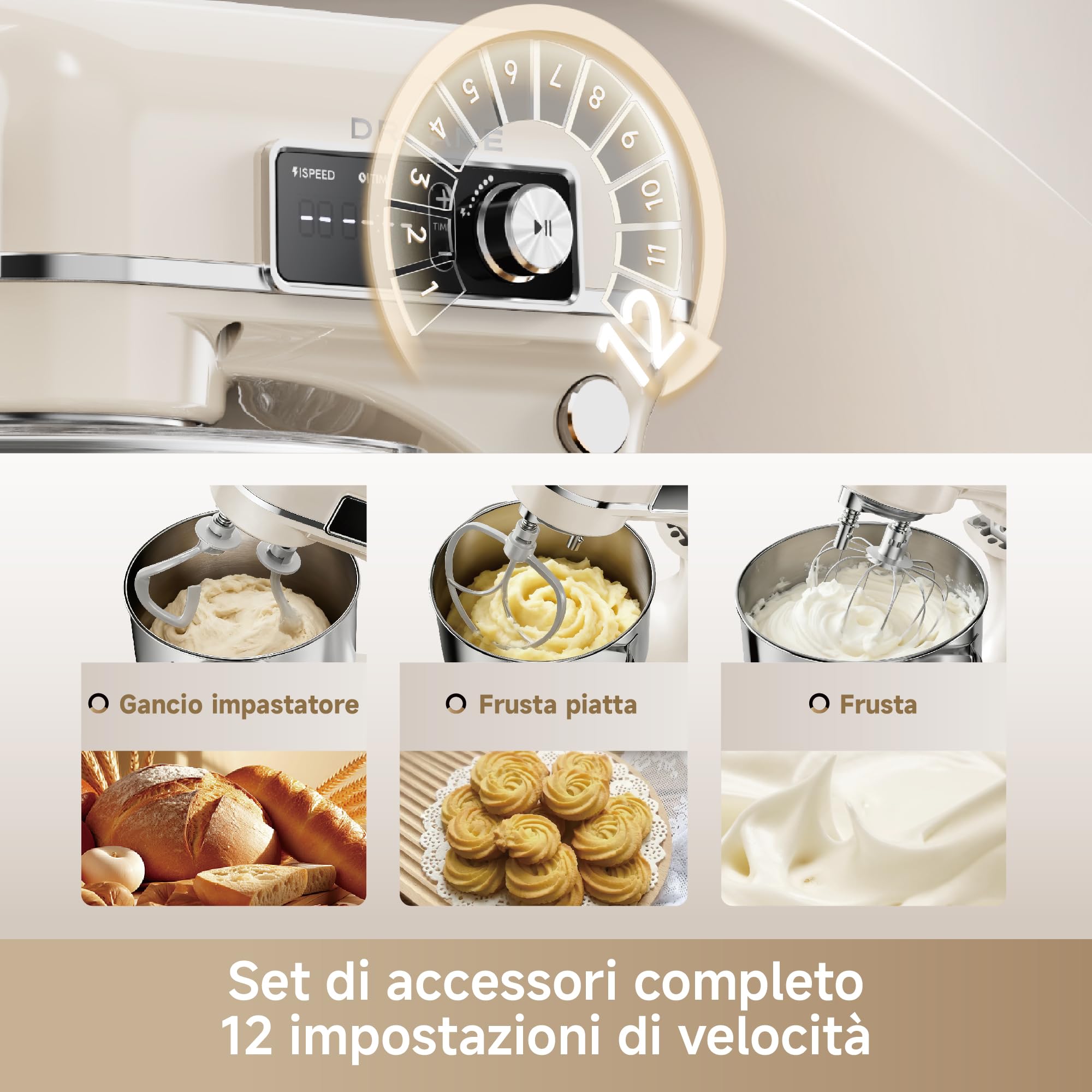 DREAME BioKnead Impastatrice Planetaria. Doppio Gancio Brevettato e Motore CC Silenzioso da 800 W con Ciotola da 6 L, Display Digitale, 12 Velocità e Numerosi Accessori per Ogni Attività, Bianco