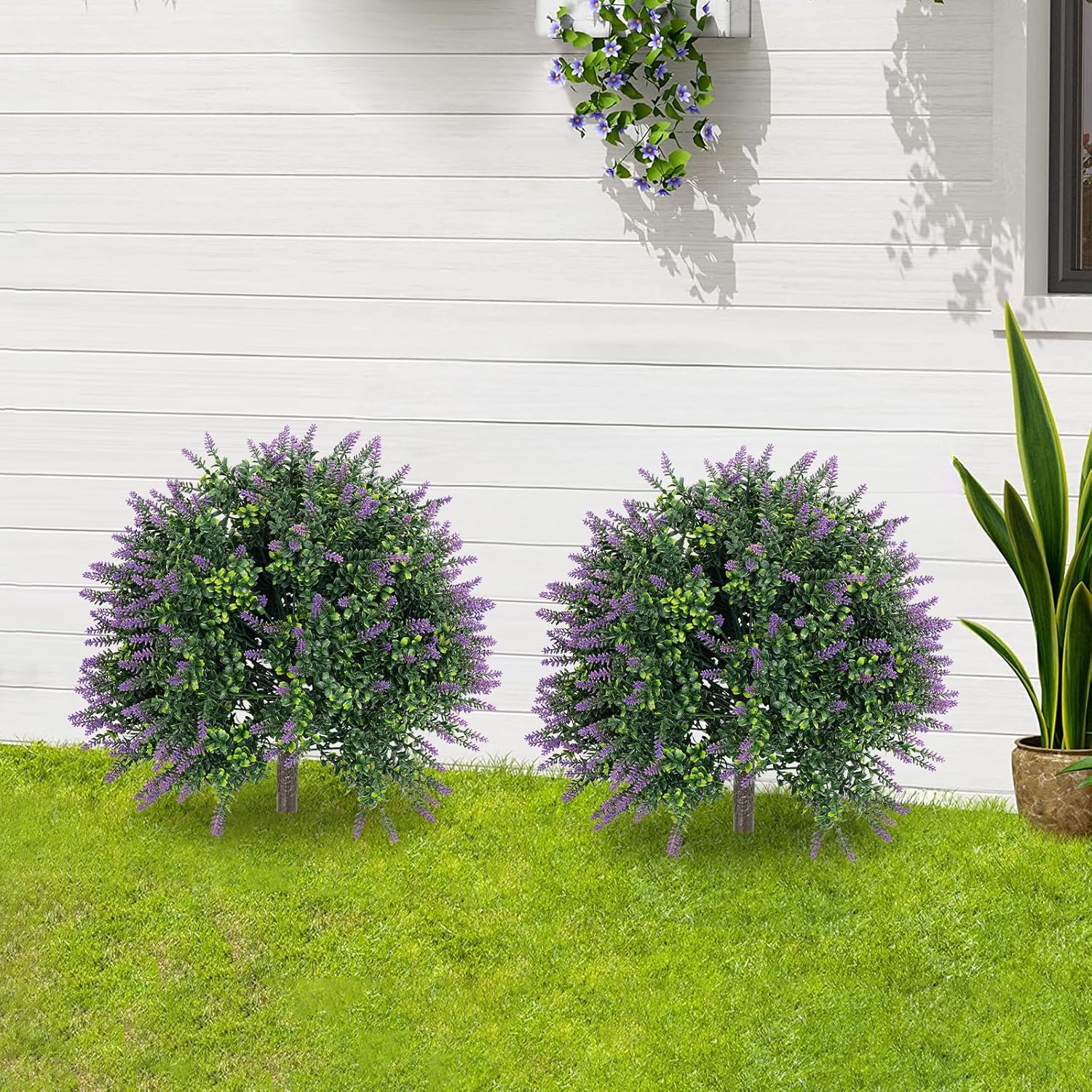Eapmic Artificial Lavender Topiary Trees,Lavender Balls,Set of 2 Faux Potted Plants Artificial Shrubs Bushes with Lavender, Potted Bushes, Fake Evergreen Artificial Topiary (Lavender)