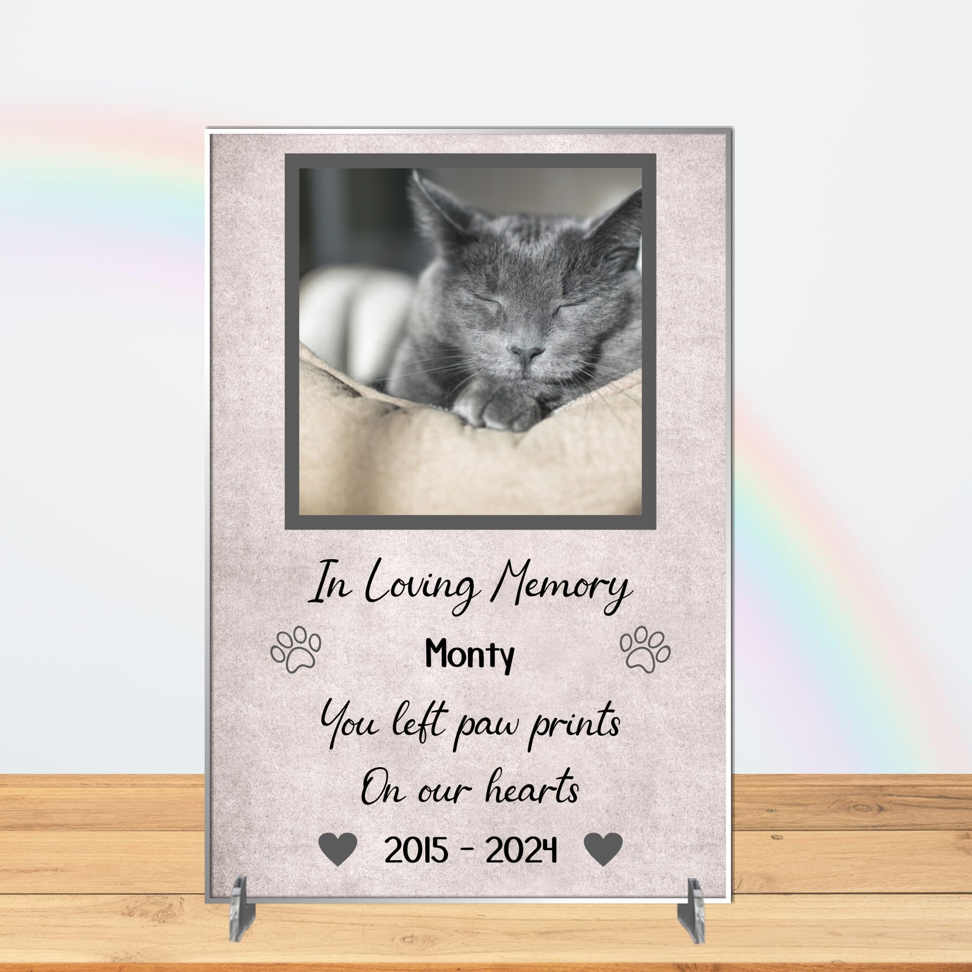 Personalised Pet Bereavement Photo Plaque - "Paw Prints on Our Hearts" Custom Memorial, Available in MDF or Acrylic, Size 148mm x 210mm (Acrylic 21cm x 15cm, Grey)