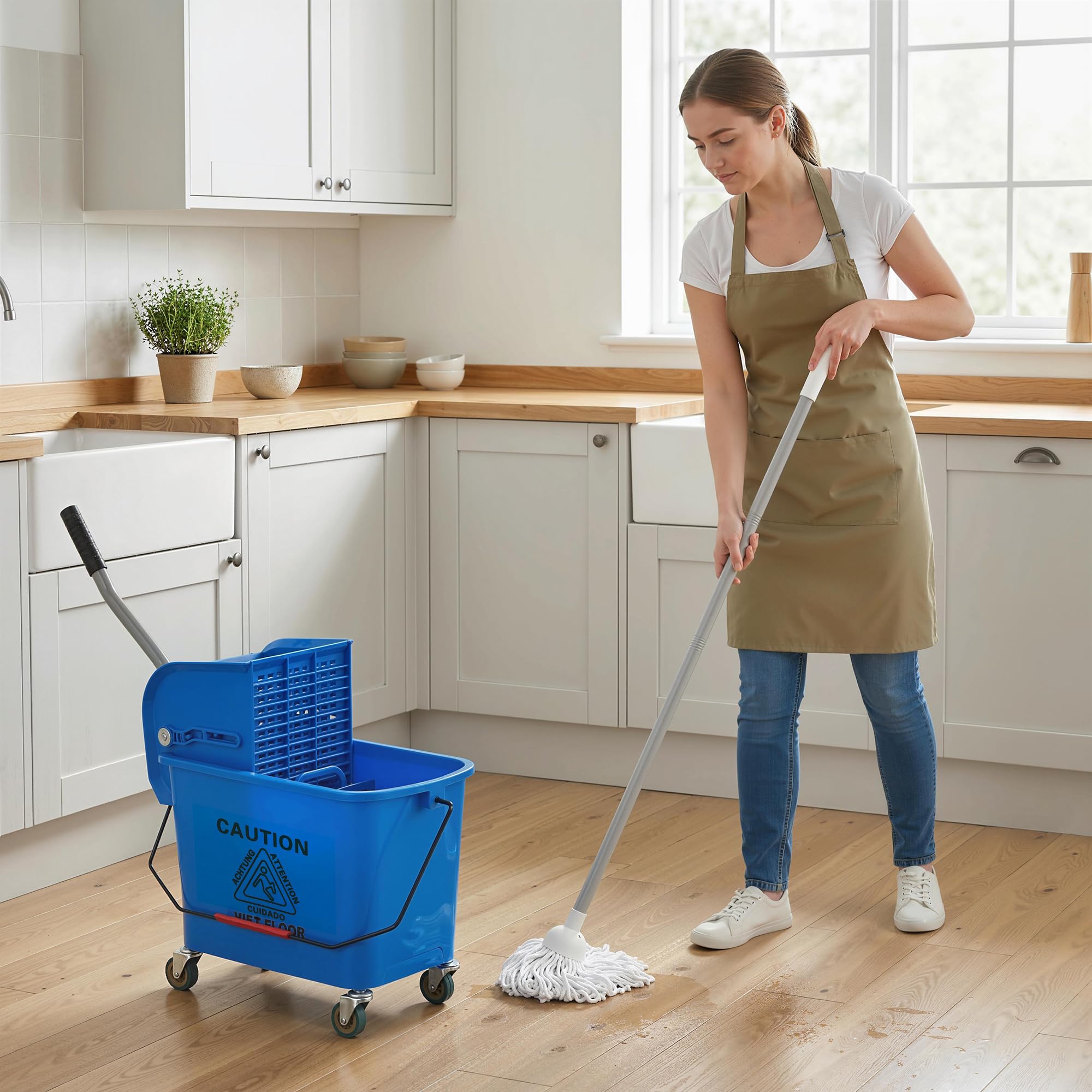 HOMCOM Cubo de Fregona con Ruedas Capacidad de 20 L Cubo de Fregar con Sistema de Escurridor Mopa y Asa de Transporte para Doméstico y Comercial Azul