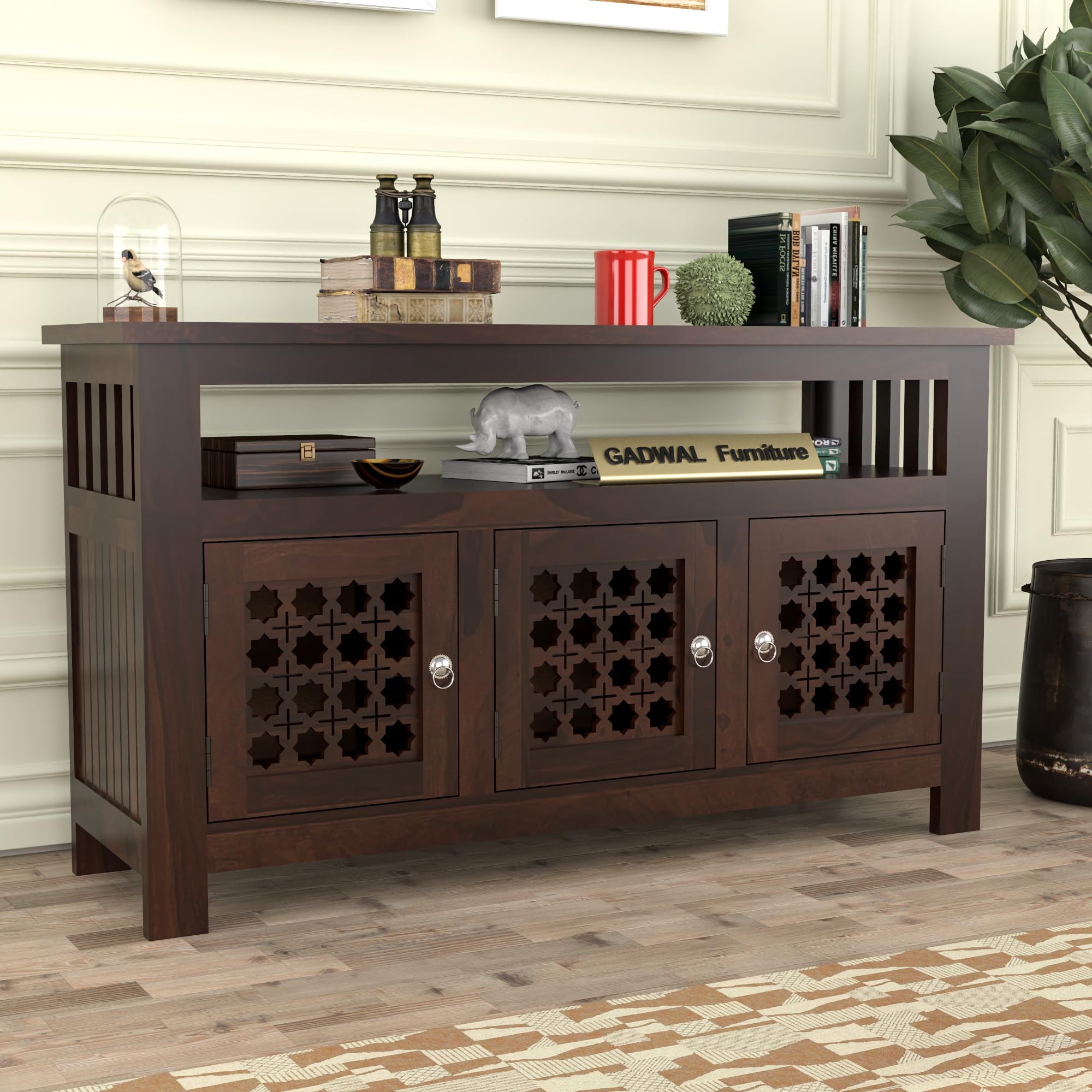 - Solid Sheesham Wood Wooden Cabinet Sideboard with 6 Shelves and 3-Door Storage Cabinet for Your Living Room Bedroom Storage (Liam, Walnut Finish)