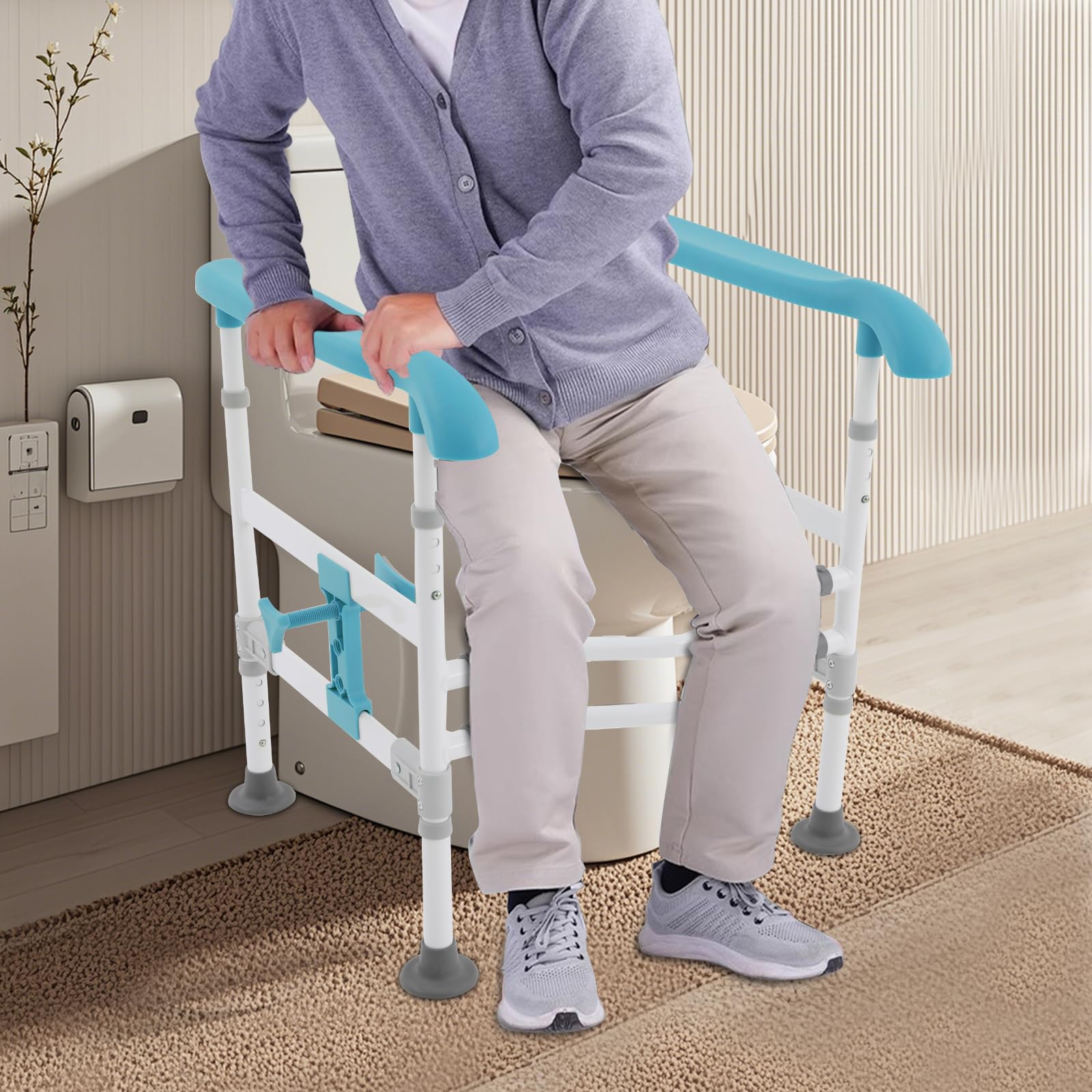 Pomoc przy wstawaniu, uchwyt bezpieczeństwa toalety, regulowany – regulacja wysokości 63-76 cm, nośność 150 kg, antypoślizgowe uchwyty, dla seniorów i osób o ograniczonej sprawności ruchowej
