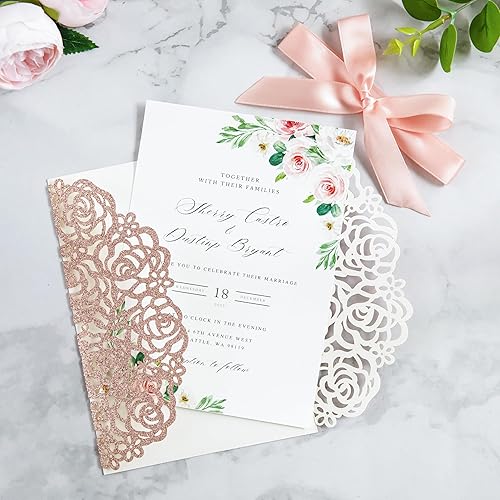 Miniatura 4 de PONATIA 25 tarjetas de invitación de boda con purpurina de oro rosa de 5.12 x 7.1 pulgadas, corte láser, rosa hueca con sobres, papel imprimible con