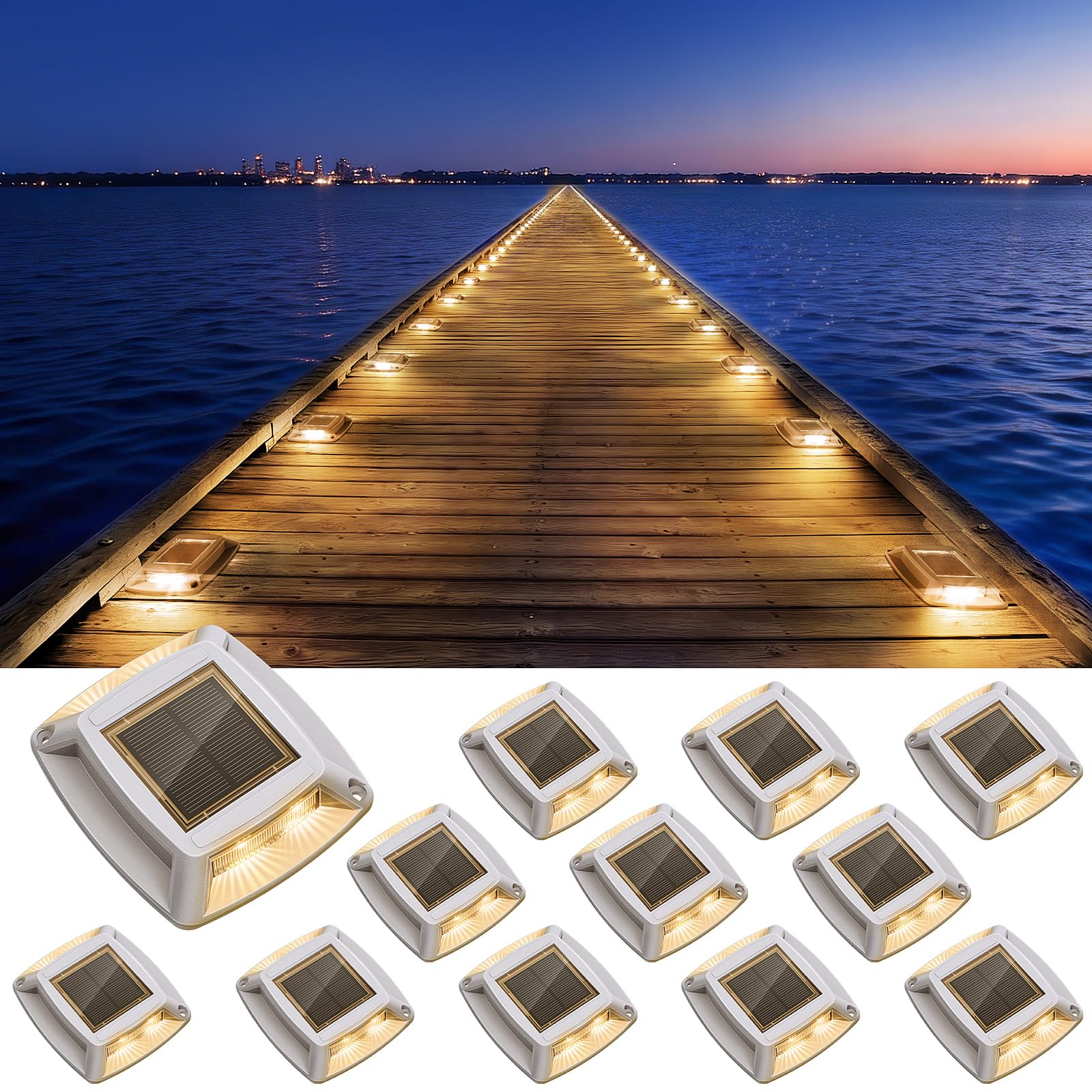 Solar-Dock-Leuchten für den Außenbereich, 12 Stück, IP68 wasserdichte Auffahrtlichter, warm | Solarbetriebene Deck-Dock Auffahrt Markierungsleuchten für Dock Stufen Weg Gehweg Gehweg Pool Treppe Garage Marine